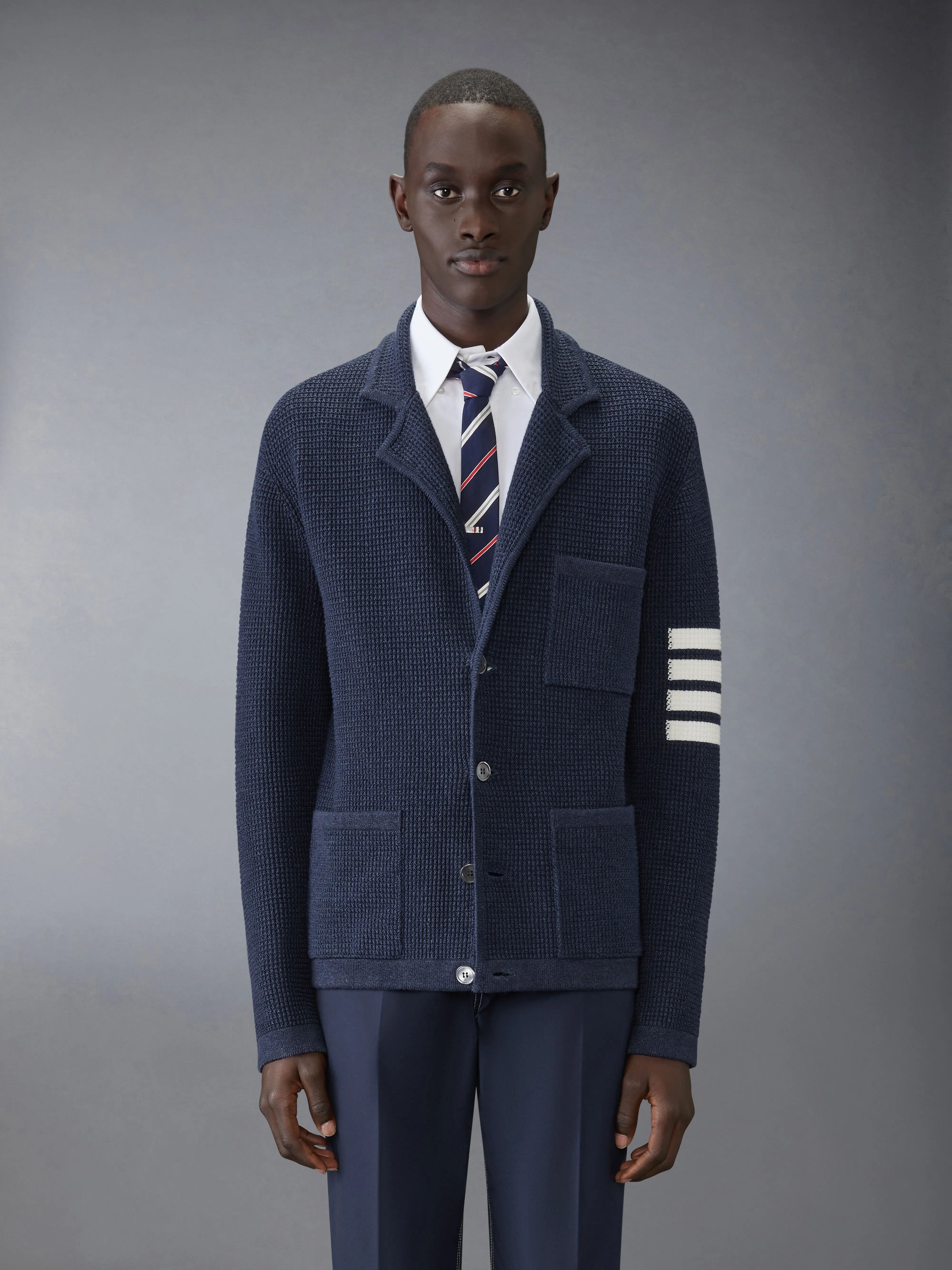 LINEN COTTON 4-BAR CARIDGAN JACKET sold by Thom Browne
