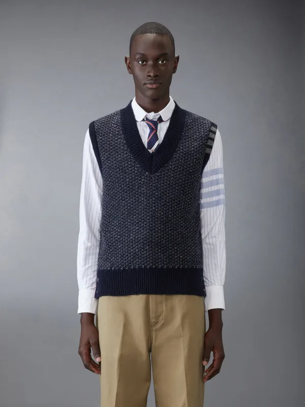 MOHAIR TWEED 4-BAR V NECK VEST sold by Thom Browne