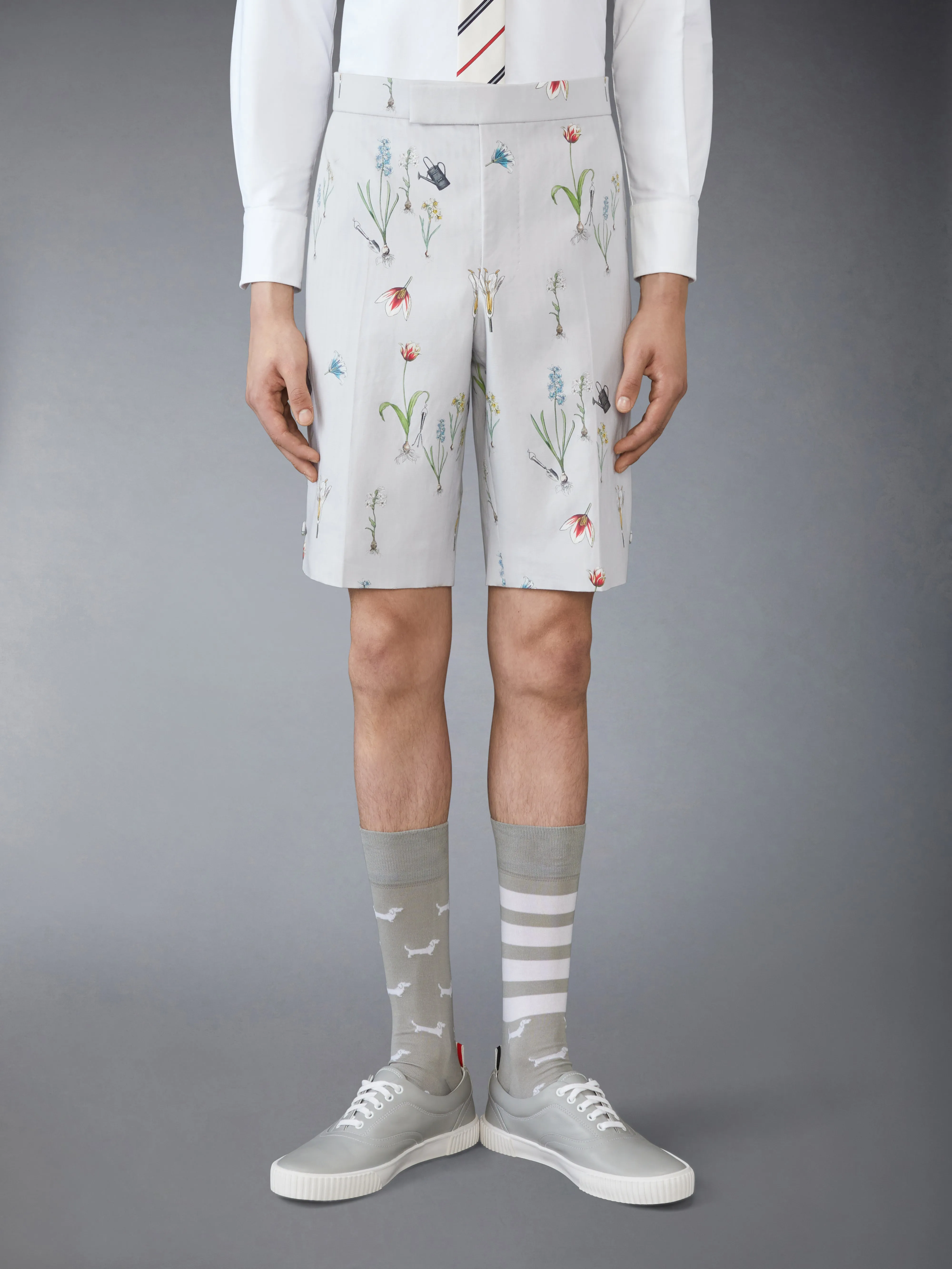 COTTON LINEN BOTANICAL BACKSTRAP SHORTS sold by Thom Browne
