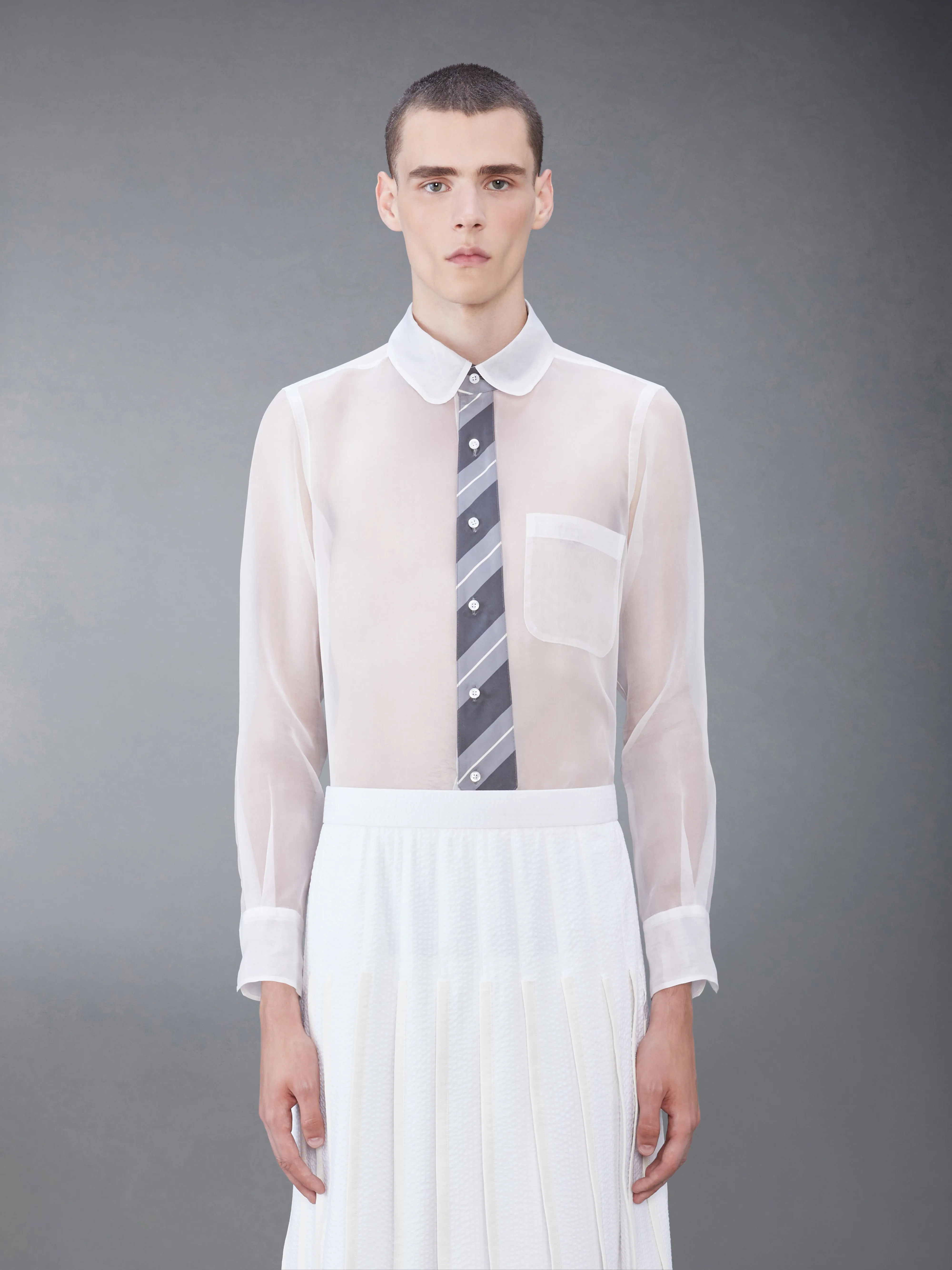 SILK ORGANZA TIE APPLIQUE ROUND COLLAR SHIRT sold by Thom Browne