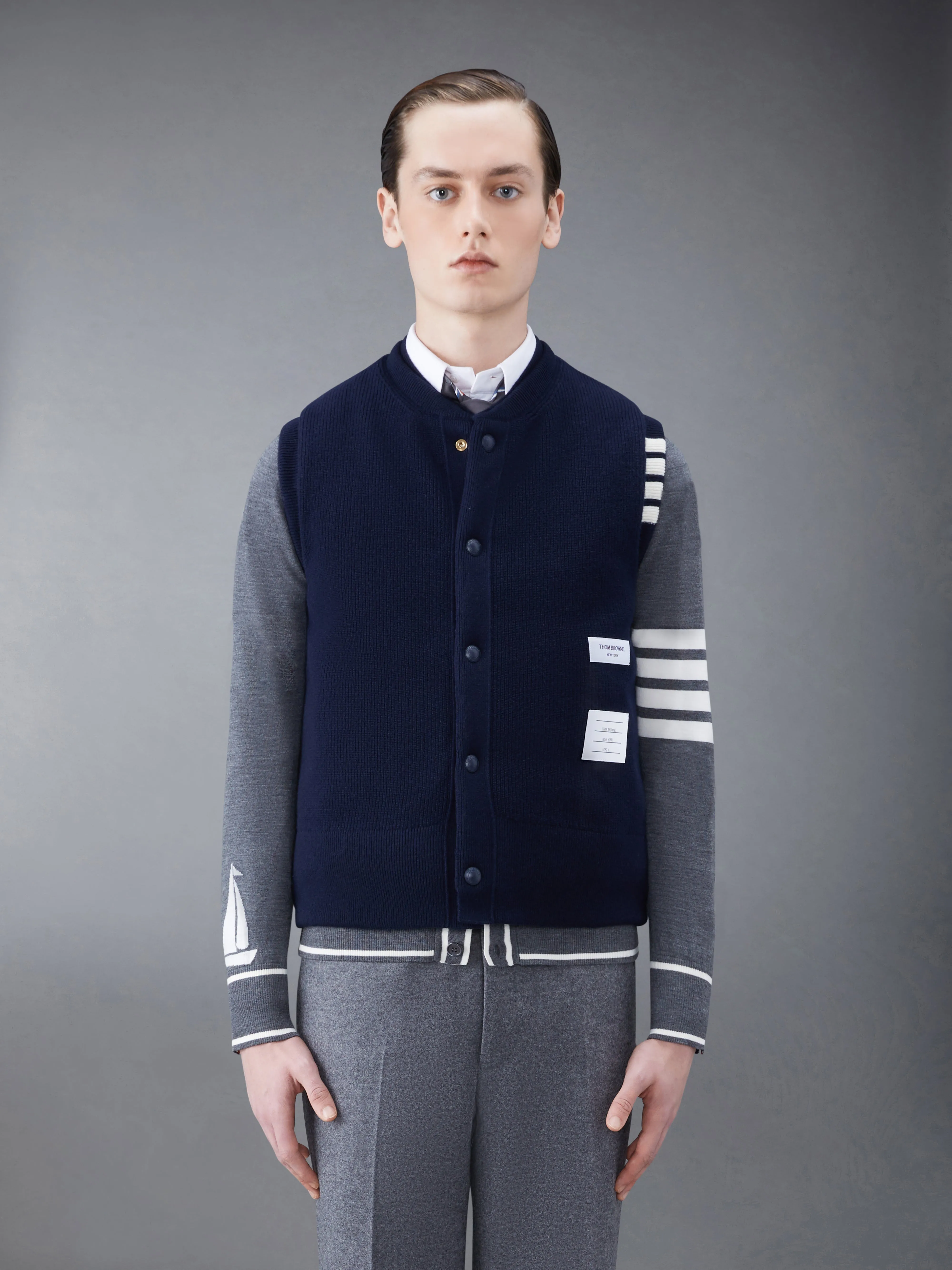 MERINO AND JERSEY DOWN REVERSIBLE VEST sold by Thom Browne product image thumbnail 2
