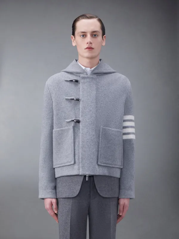Boiled Wool Half Cardigan Stitch Hooded 4-Bar Duffle Jacket sold by Thom Browne