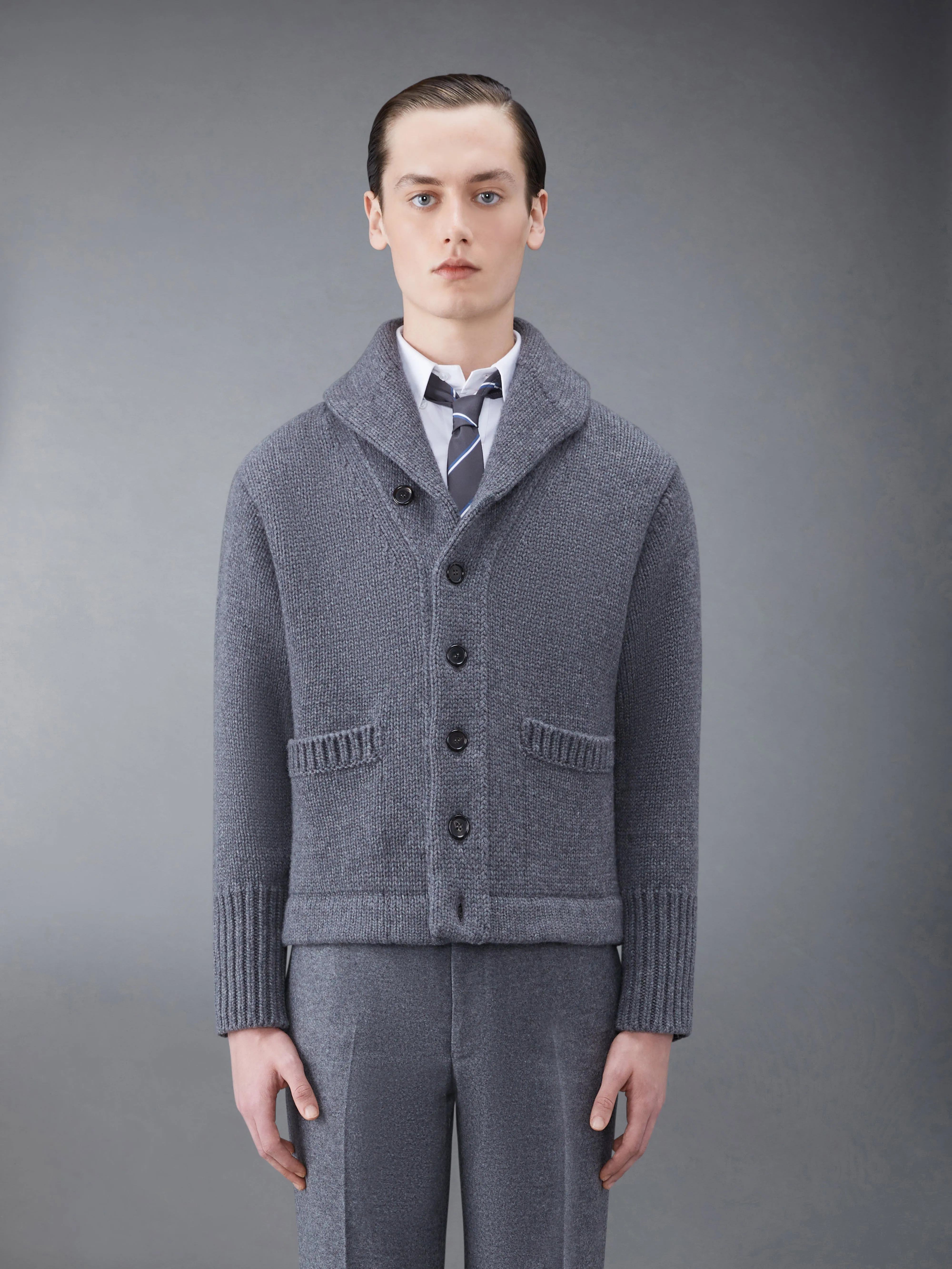 Super Chunky Cashmere Jersey Shawl Collar Cardigan sold by Thom Browne