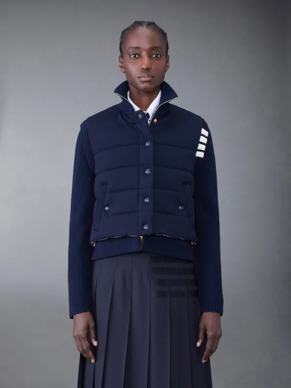 FINE MERINO AND JERSEY REVERSIBLE DOWN 4-BAR FUNNEL NECK JACKET sold by Thom Browne