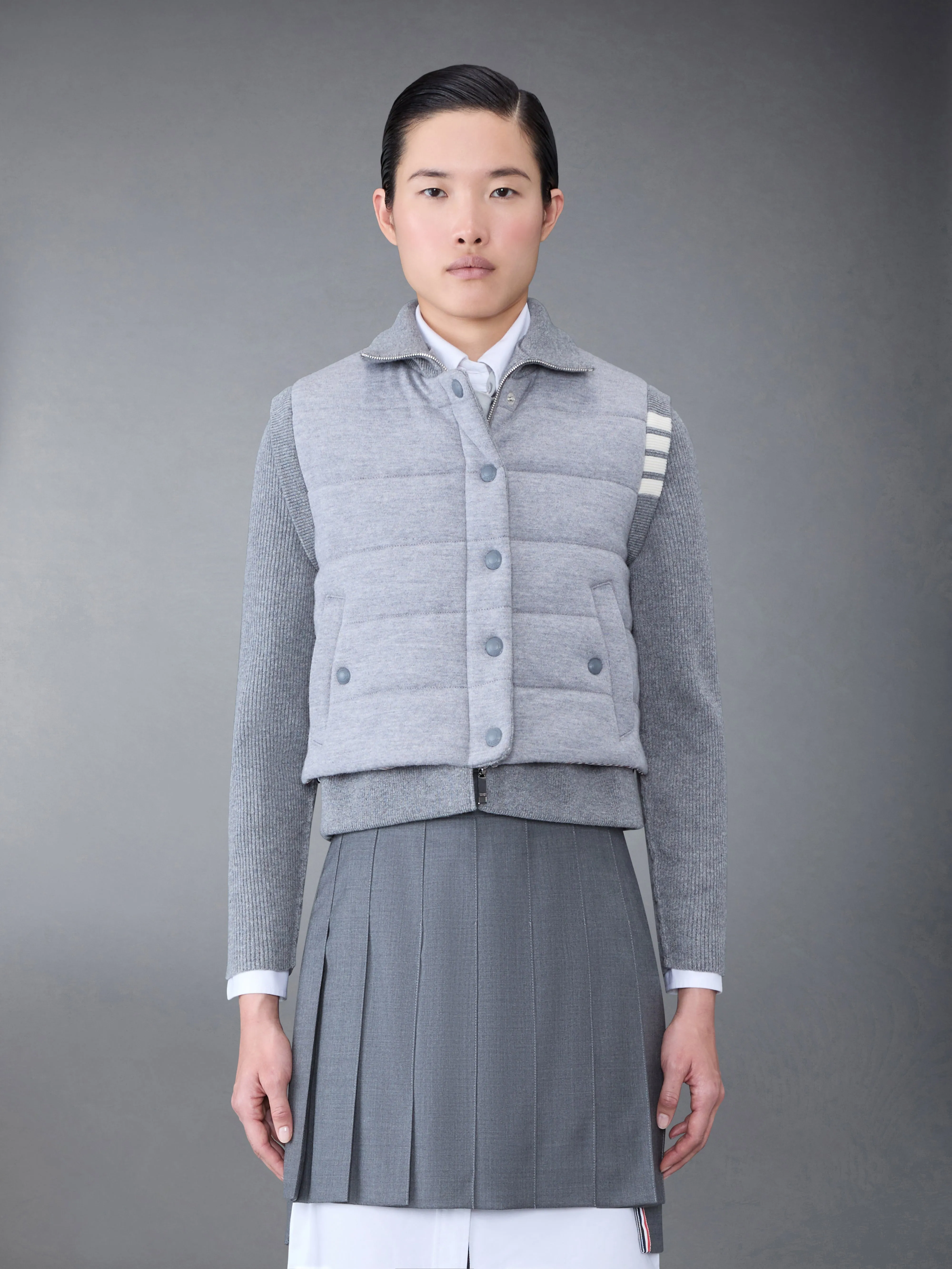 FINE MERINO AND JERSEY REVERSIBLE DOWN 4-BAR FUNNEL NECK JACKET sold by Thom Browne