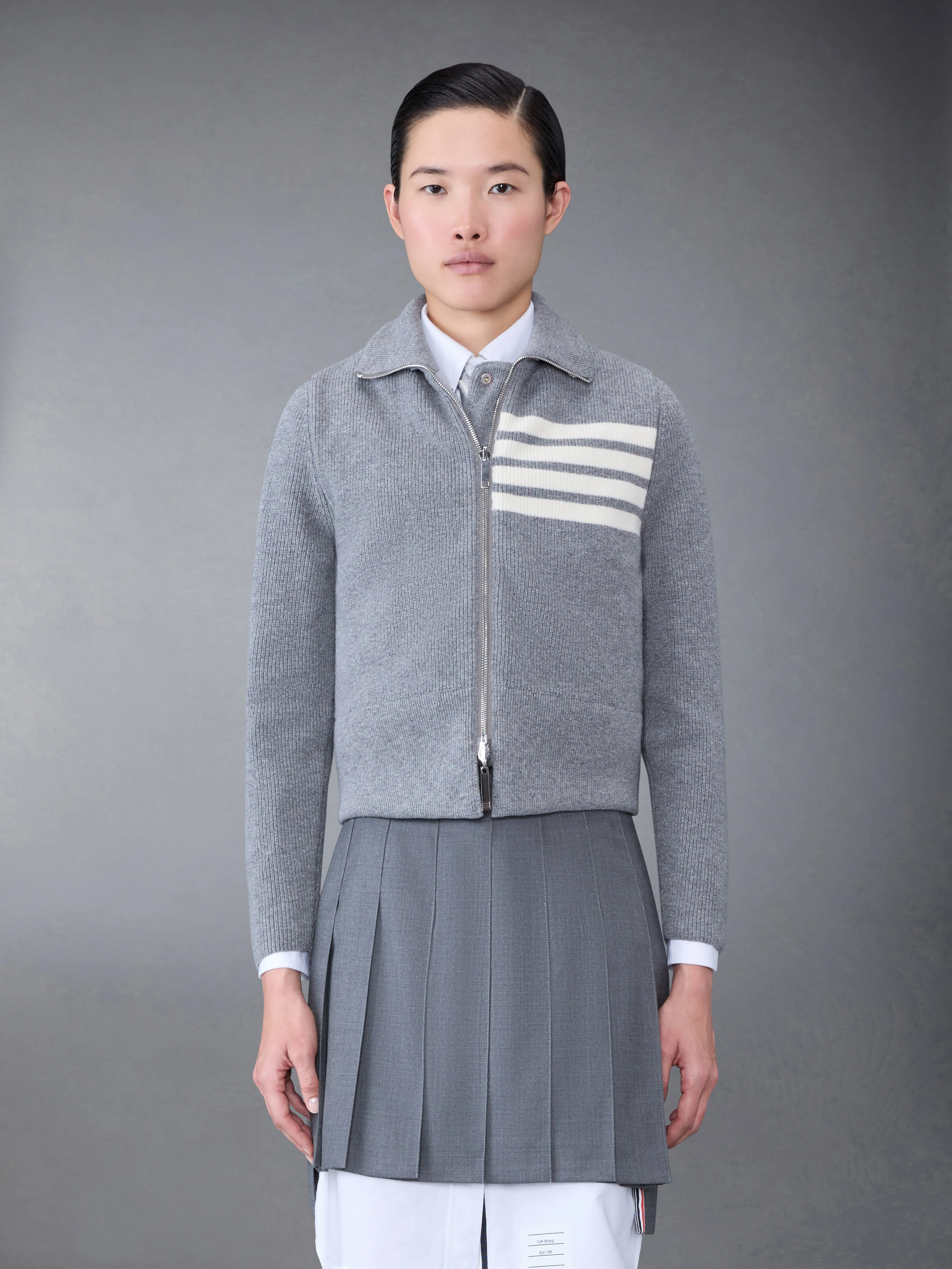 FINE MERINO AND JERSEY REVERSIBLE DOWN 4-BAR FUNNEL NECK JACKET sold by Thom Browne product image thumbnail 2