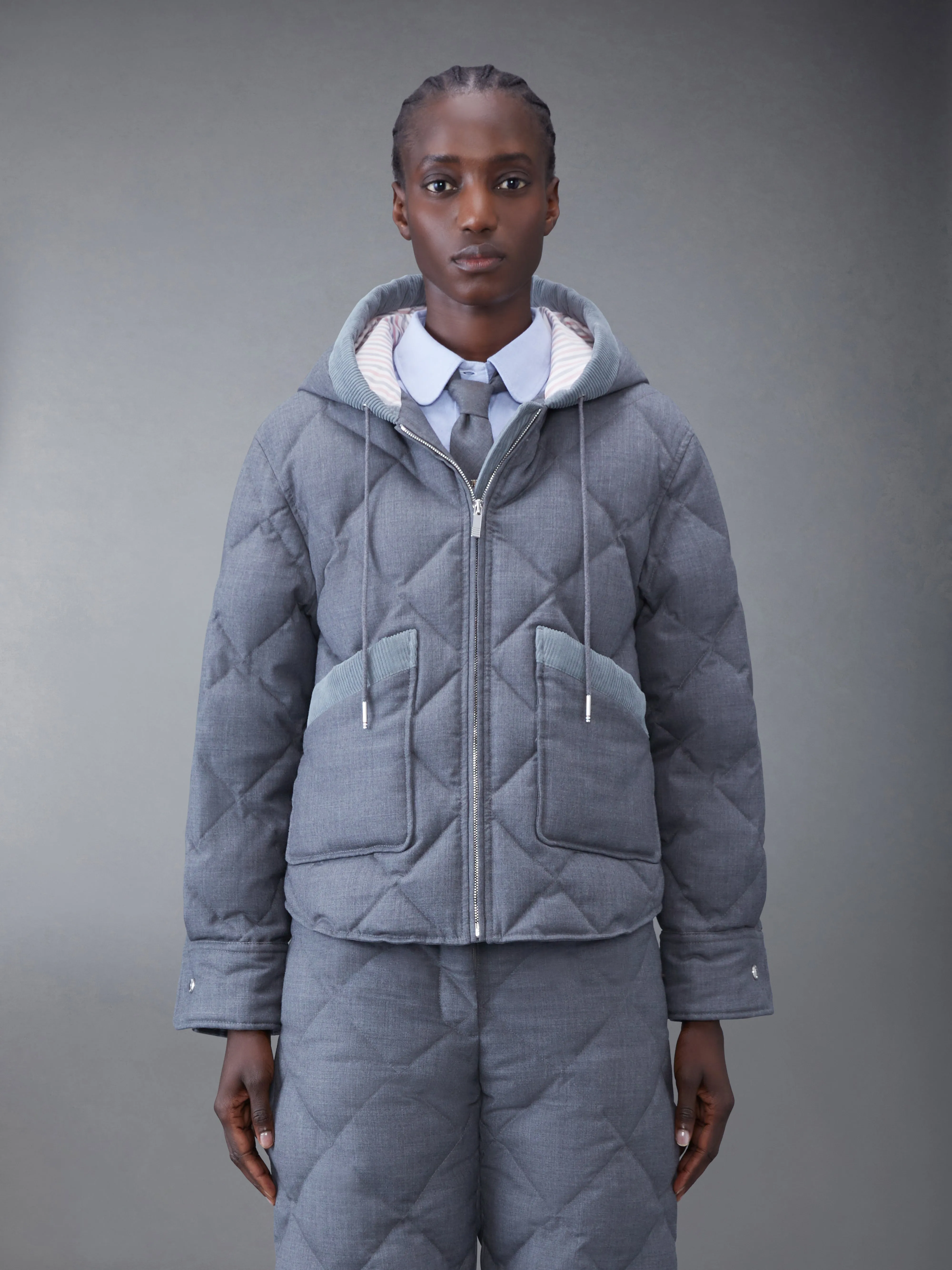 SUPER 120'S TWILL DOWN HOODED PATCH POCKET JACKET sold by Thom Browne