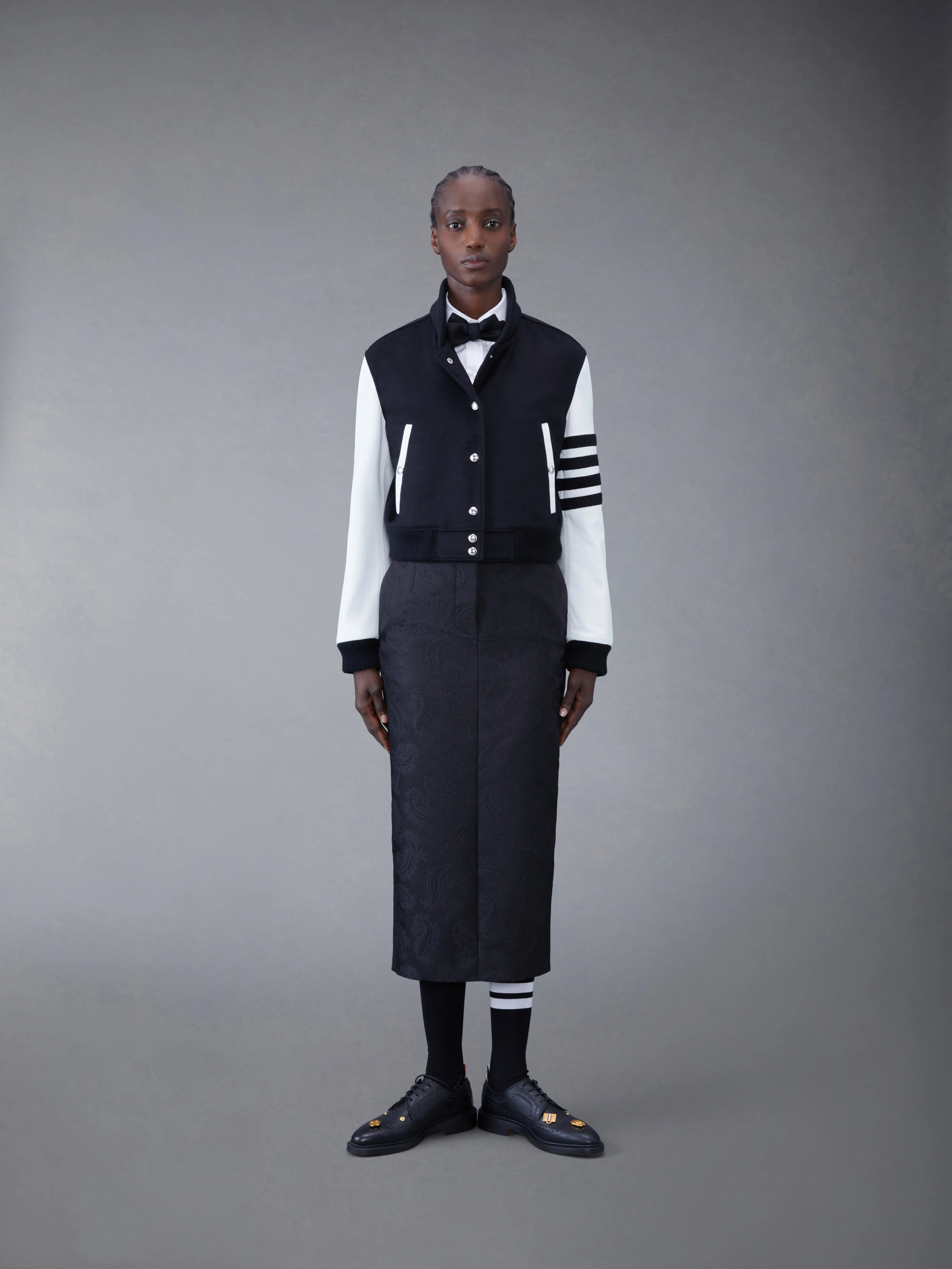 ZIBELINE CASHMERE LEATHER SLEEVE CROPPED VARSITY JACKET sold by Thom Browne product image thumbnail 3