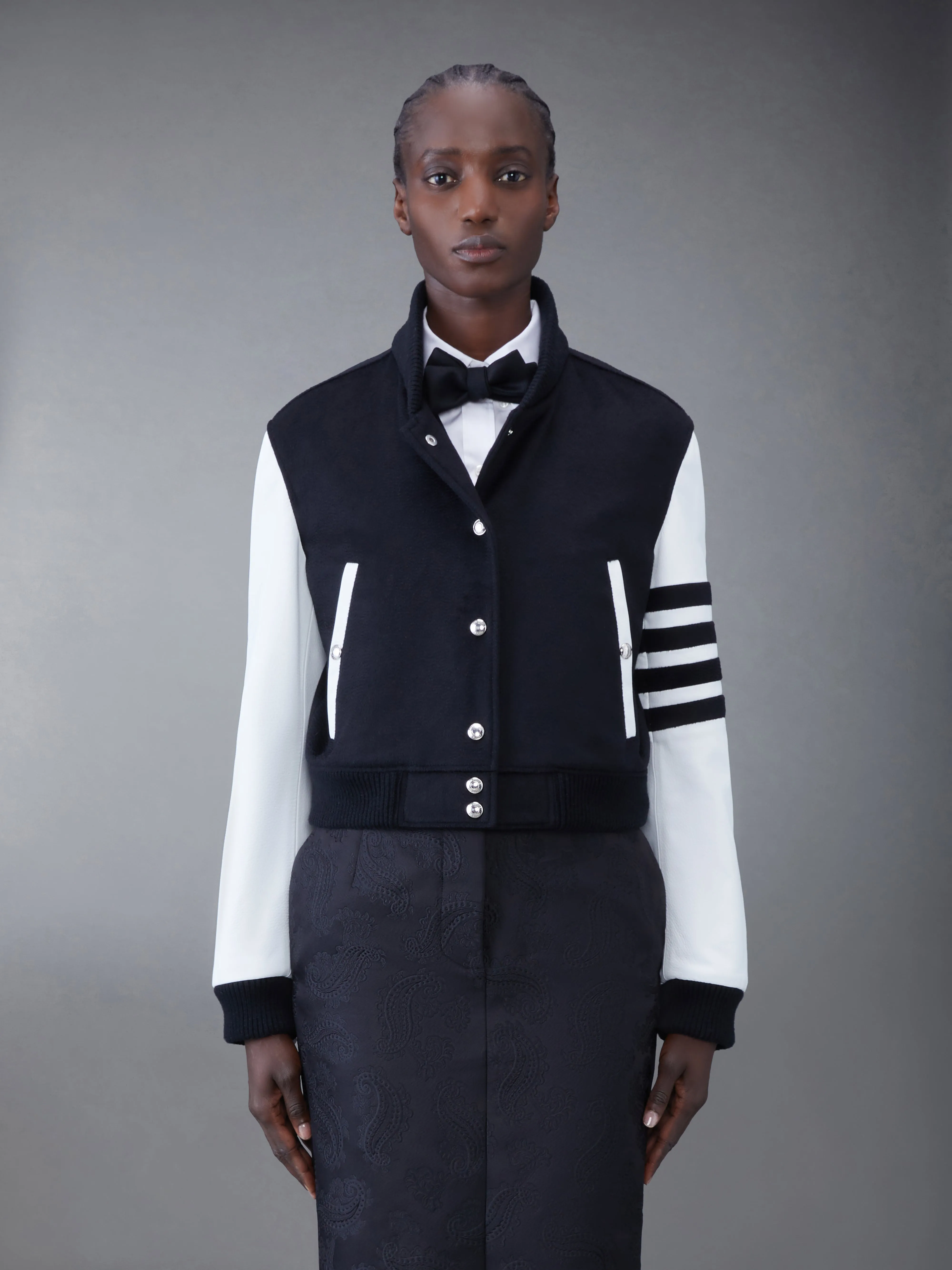 ZIBELINE CASHMERE LEATHER SLEEVE CROPPED VARSITY JACKET sold by Thom Browne