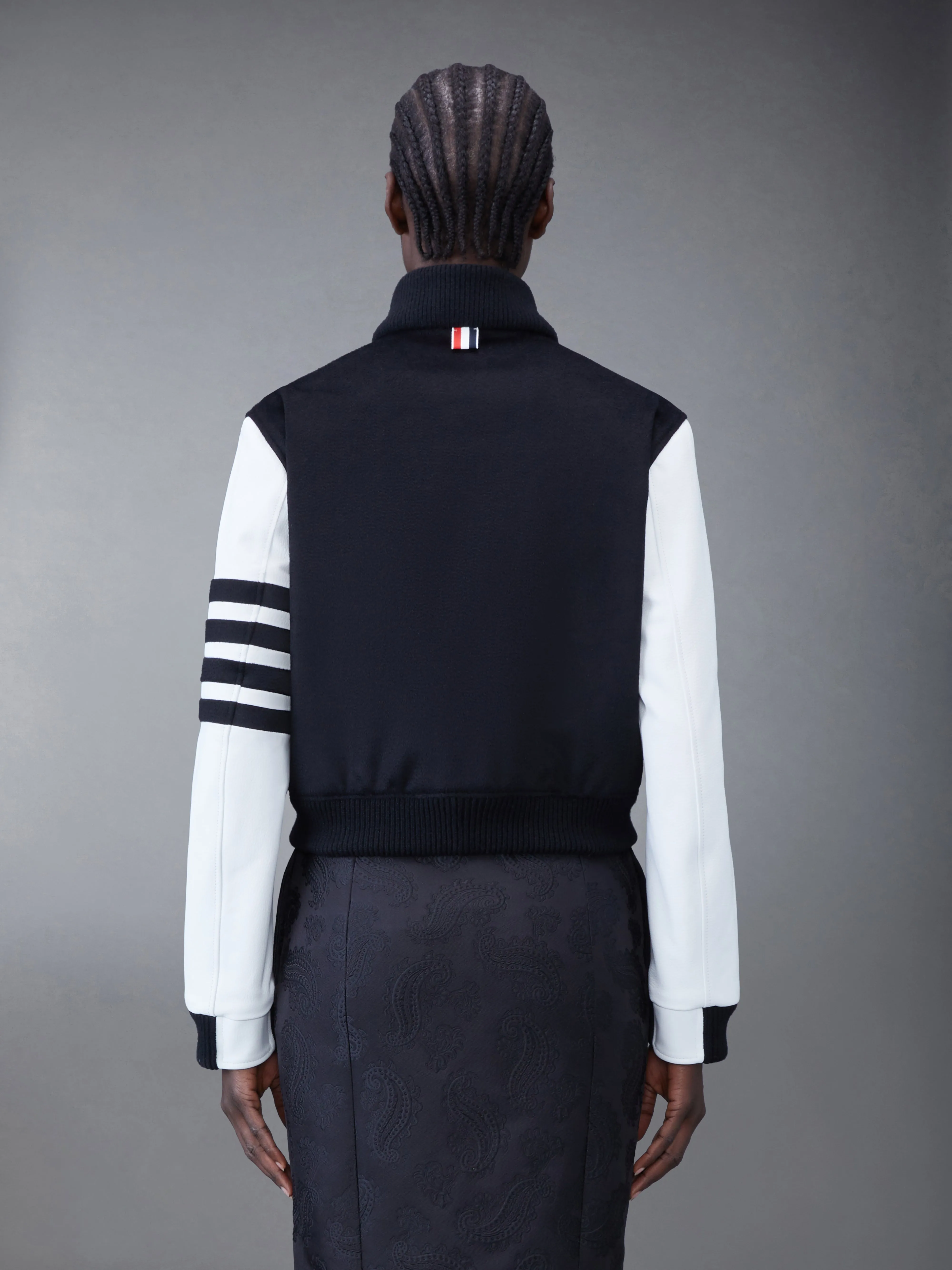 ZIBELINE CASHMERE LEATHER SLEEVE CROPPED VARSITY JACKET sold by Thom Browne product image thumbnail 2