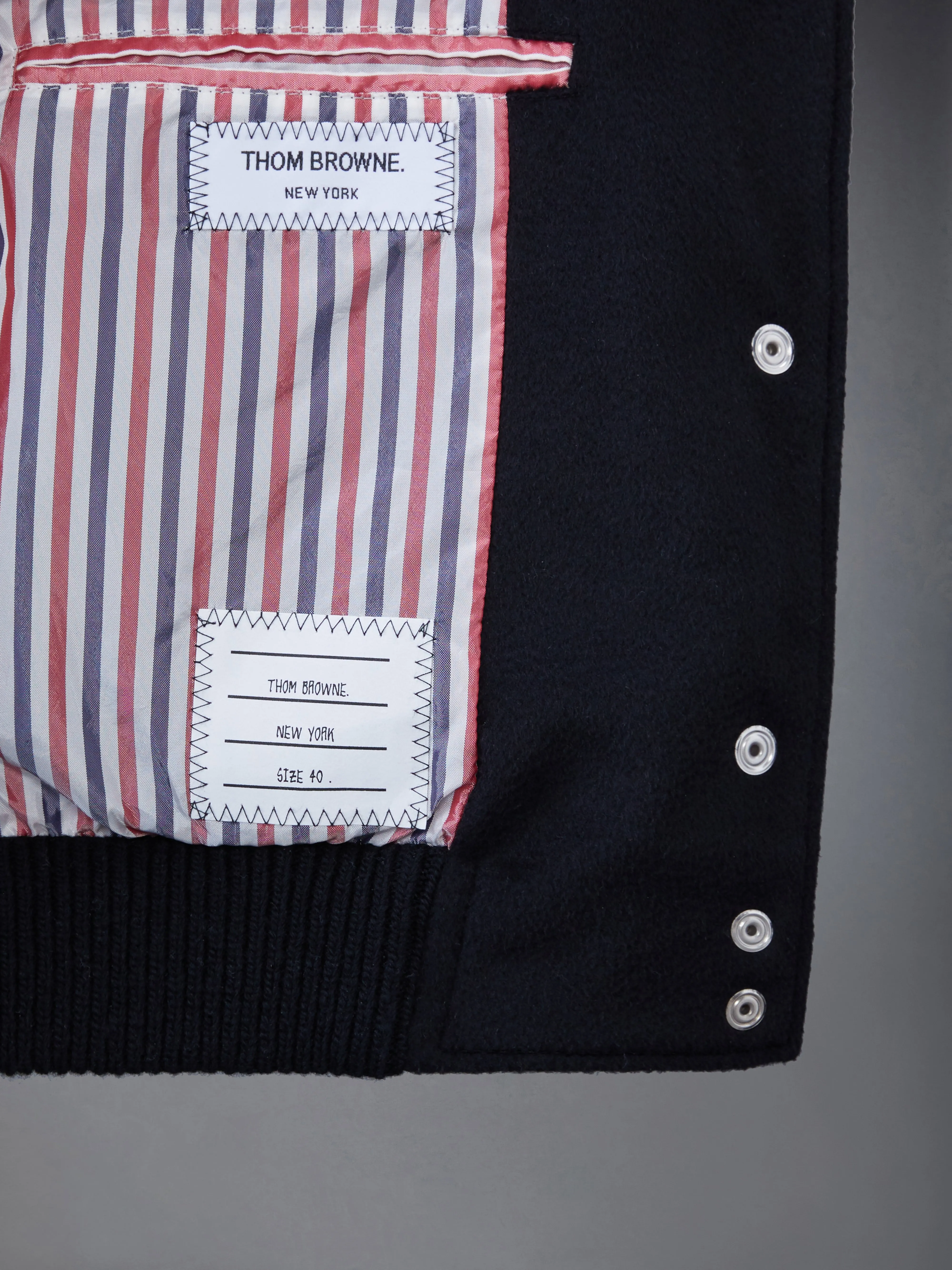 ZIBELINE CASHMERE LEATHER SLEEVE CROPPED VARSITY JACKET sold by Thom Browne product image thumbnail 5