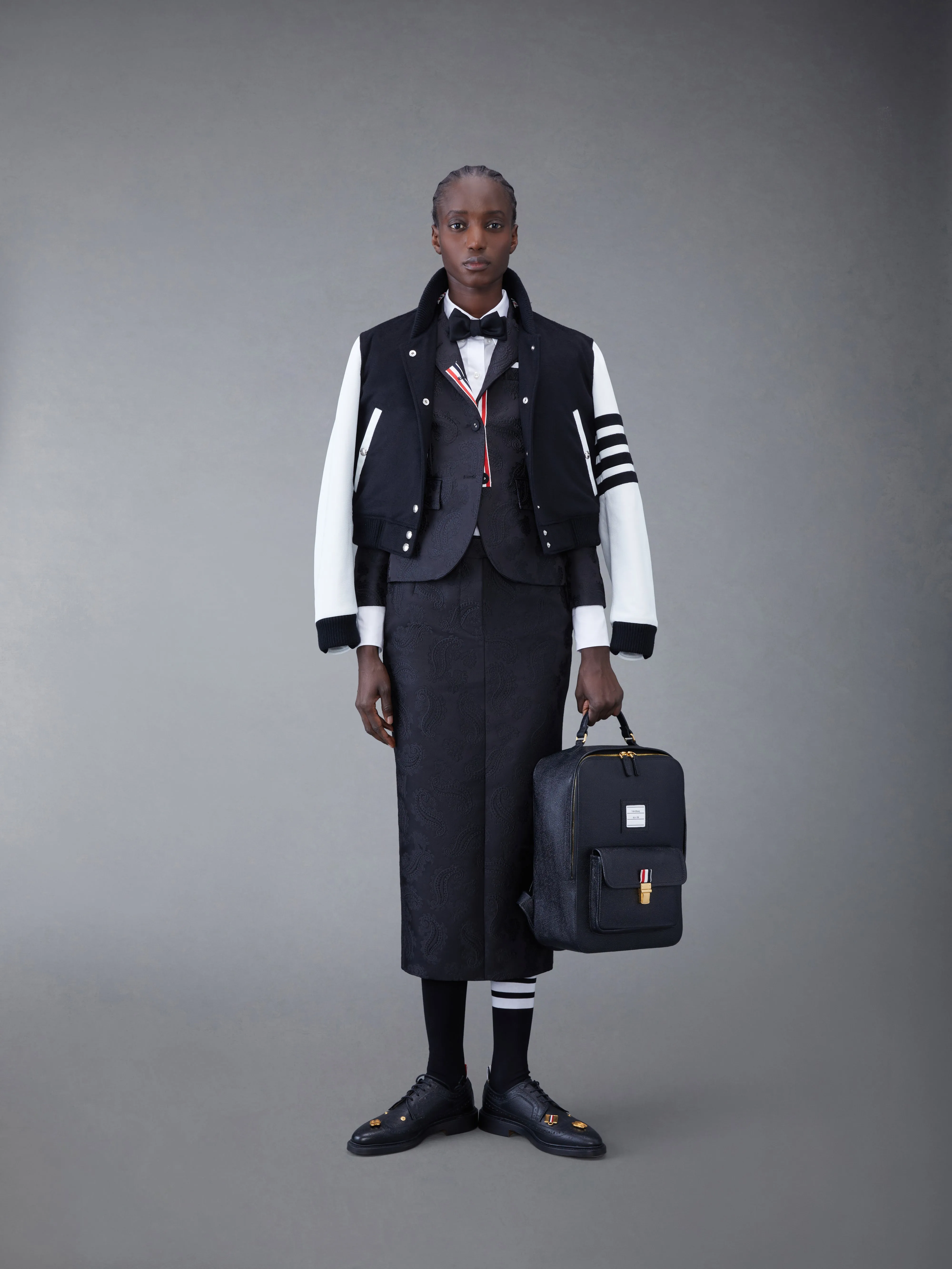 ZIBELINE CASHMERE LEATHER SLEEVE CROPPED VARSITY JACKET sold by Thom Browne product image thumbnail 4