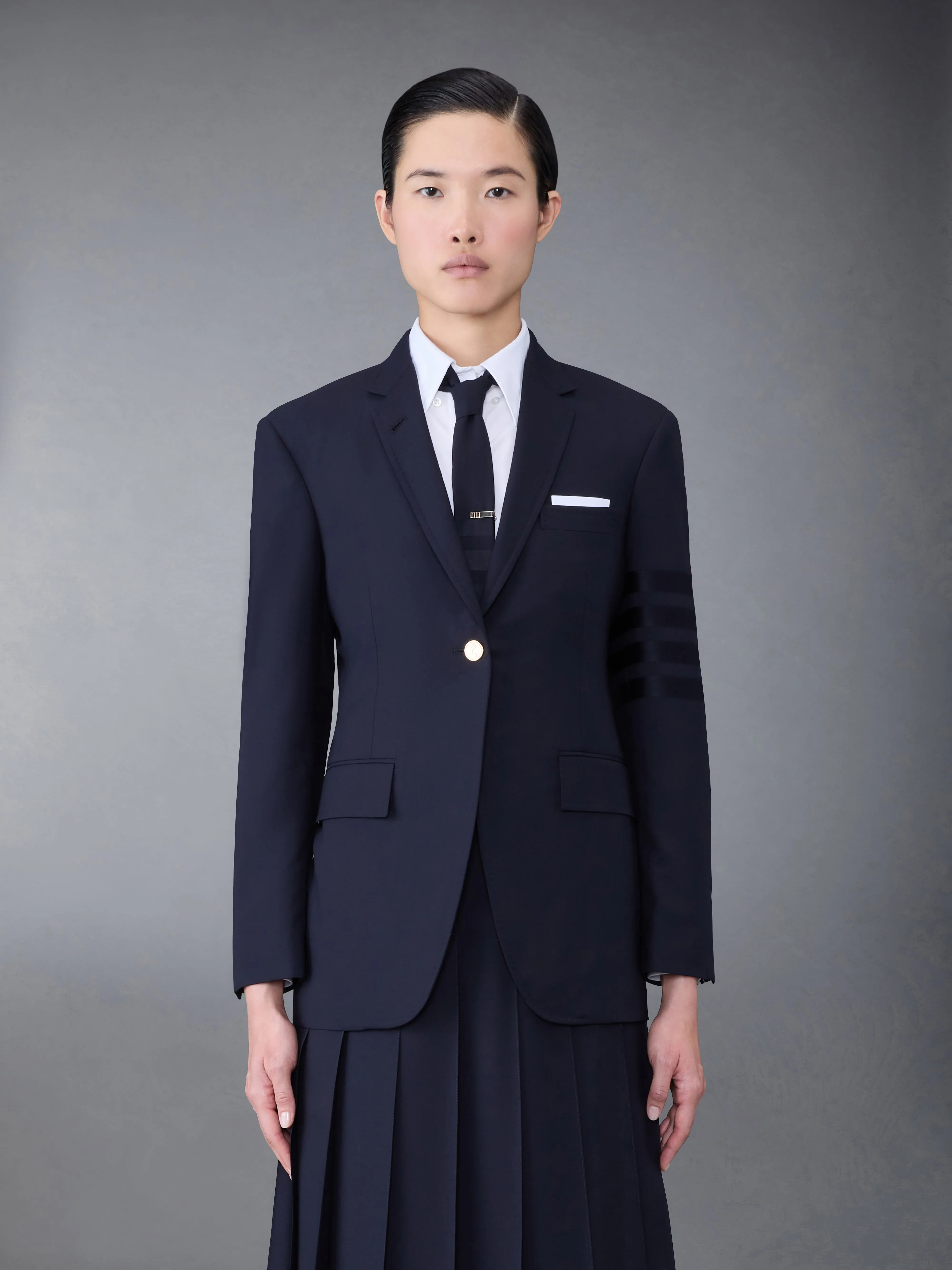PLAIN WEAVE 4-BAR ELONGATED SINGLE BUTTON SPORT COAT sold by Thom Browne