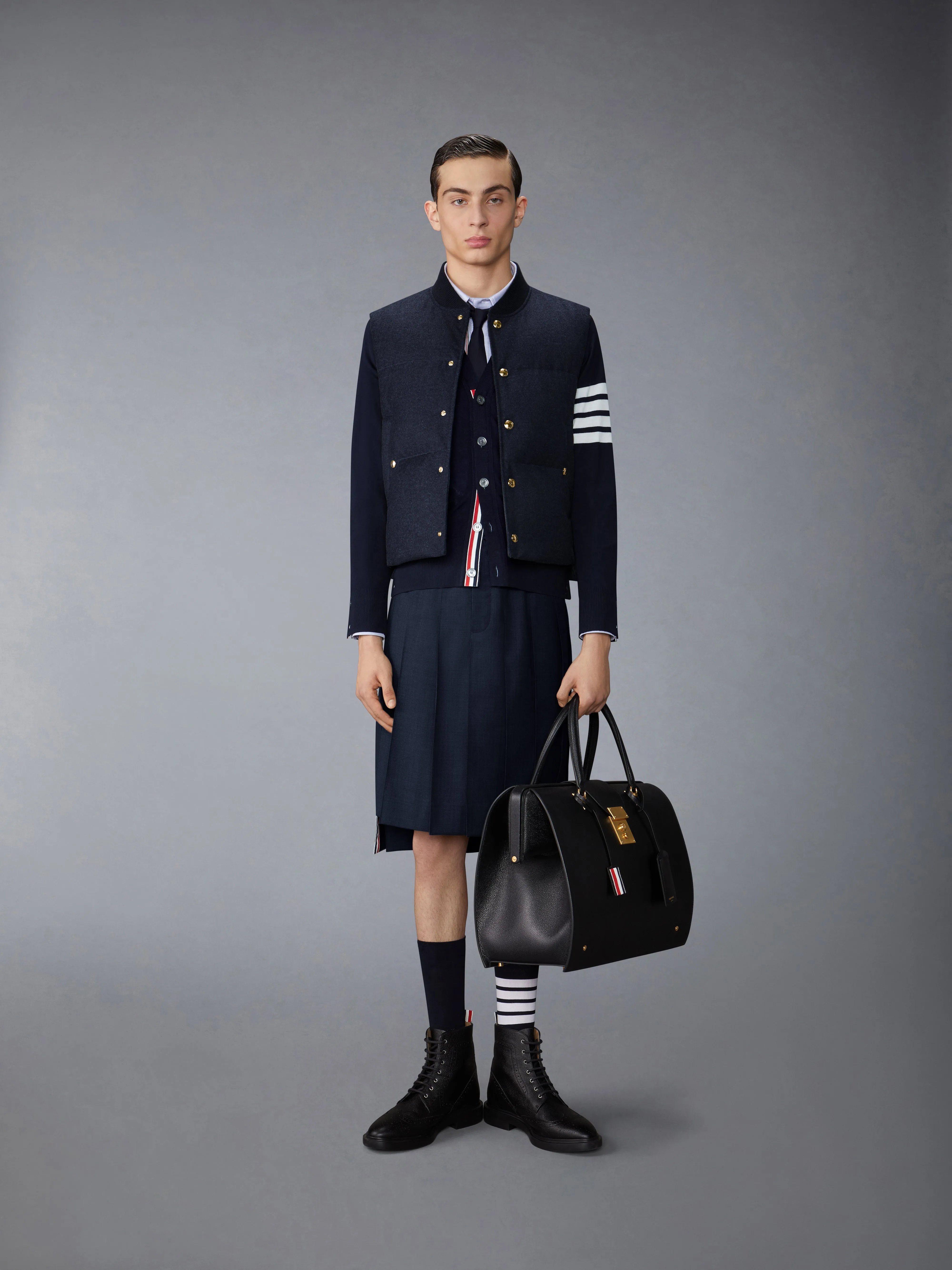 DOWNFILLED SNAP FRONT VEST W/ TONAL GROSGRAIN IN WOOL FLANNEL sold by Thom Browne product image thumbnail 3