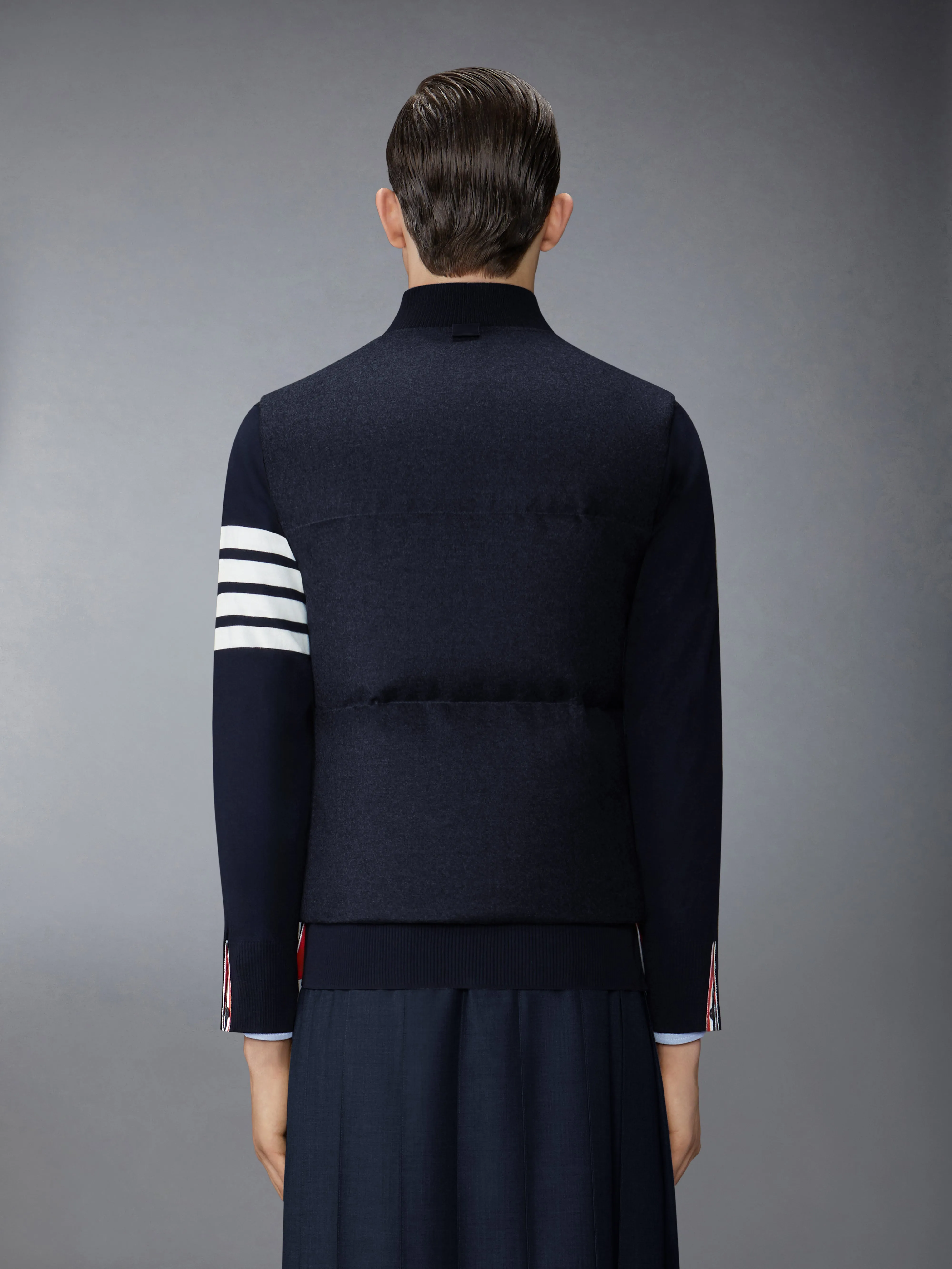 DOWNFILLED SNAP FRONT VEST W/ TONAL GROSGRAIN IN WOOL FLANNEL sold by Thom Browne product image thumbnail 2