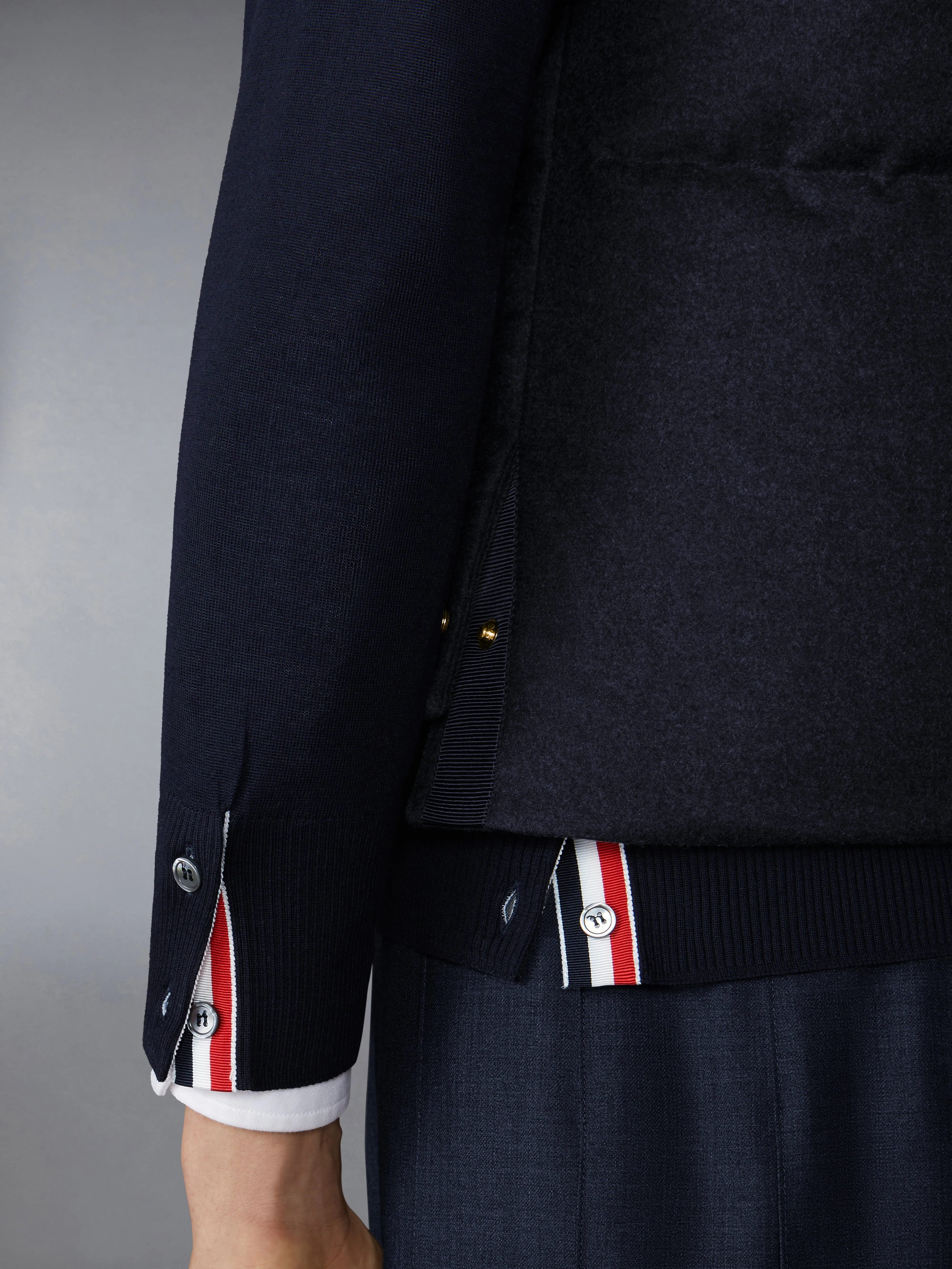 DOWNFILLED SNAP FRONT VEST W/ TONAL GROSGRAIN IN WOOL FLANNEL sold by Thom Browne product image thumbnail 4