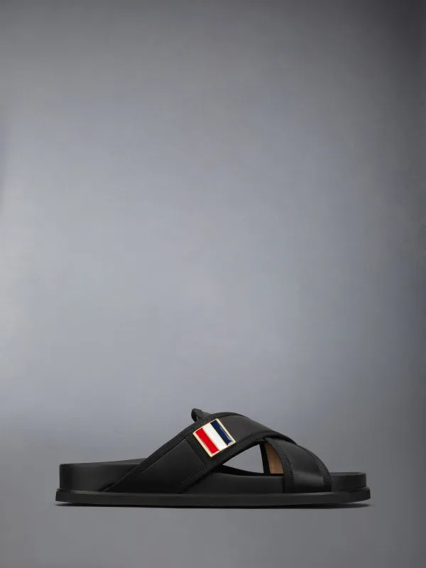 CRISS CROSS LOAFER SANDAL W/ RWB ENAMEL PLAQUE IN VITELLO CALF LEATHER sold by Thom Browne