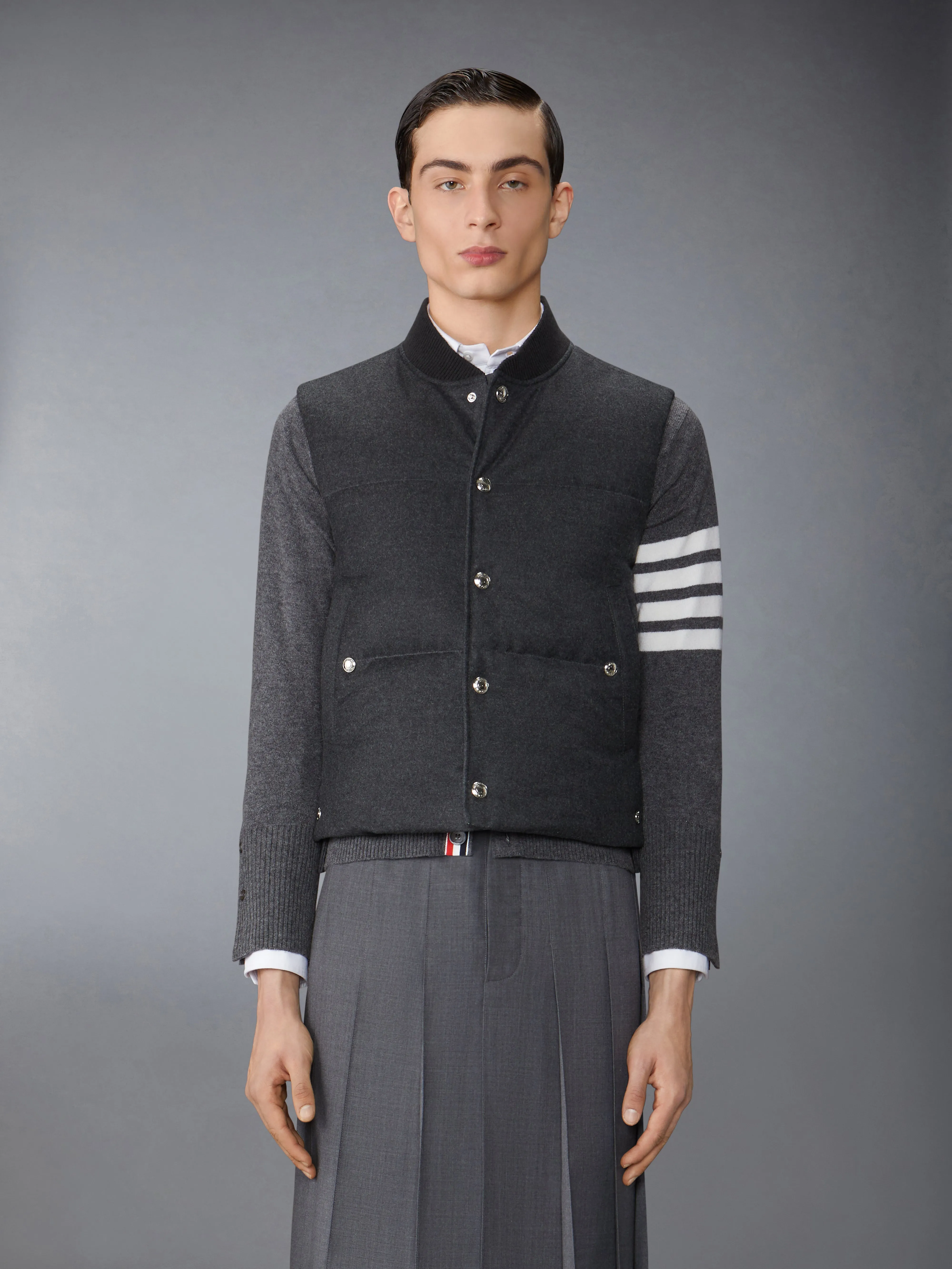 WOOL FLANNEL DOWN FILL VEST sold by Thom Browne
