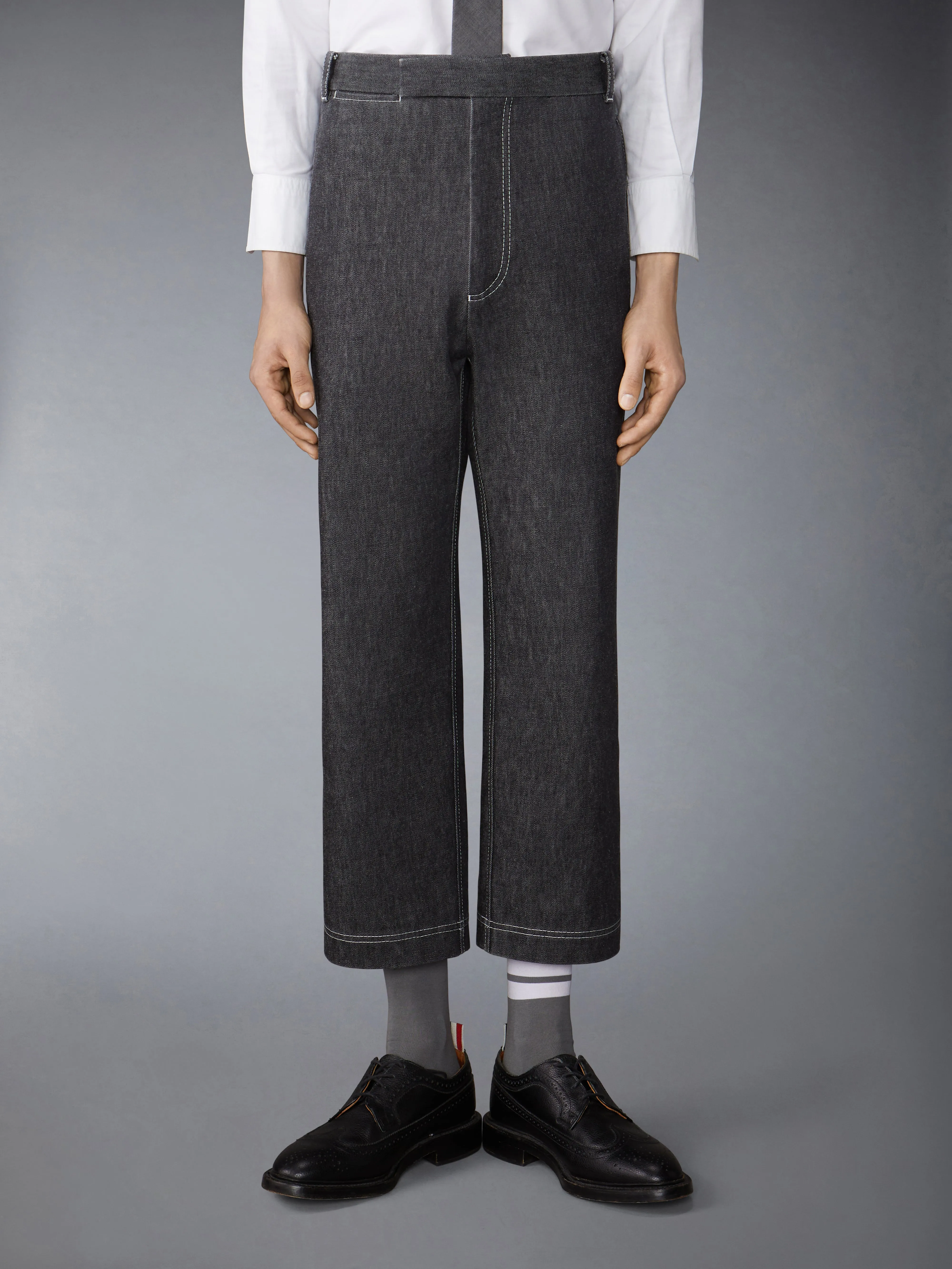 WASHED DENIM CONTRAST TOPSTITCHING UNCONSTRUCTED STRAIGHT LEG TROUSERS sold by Thom Browne
