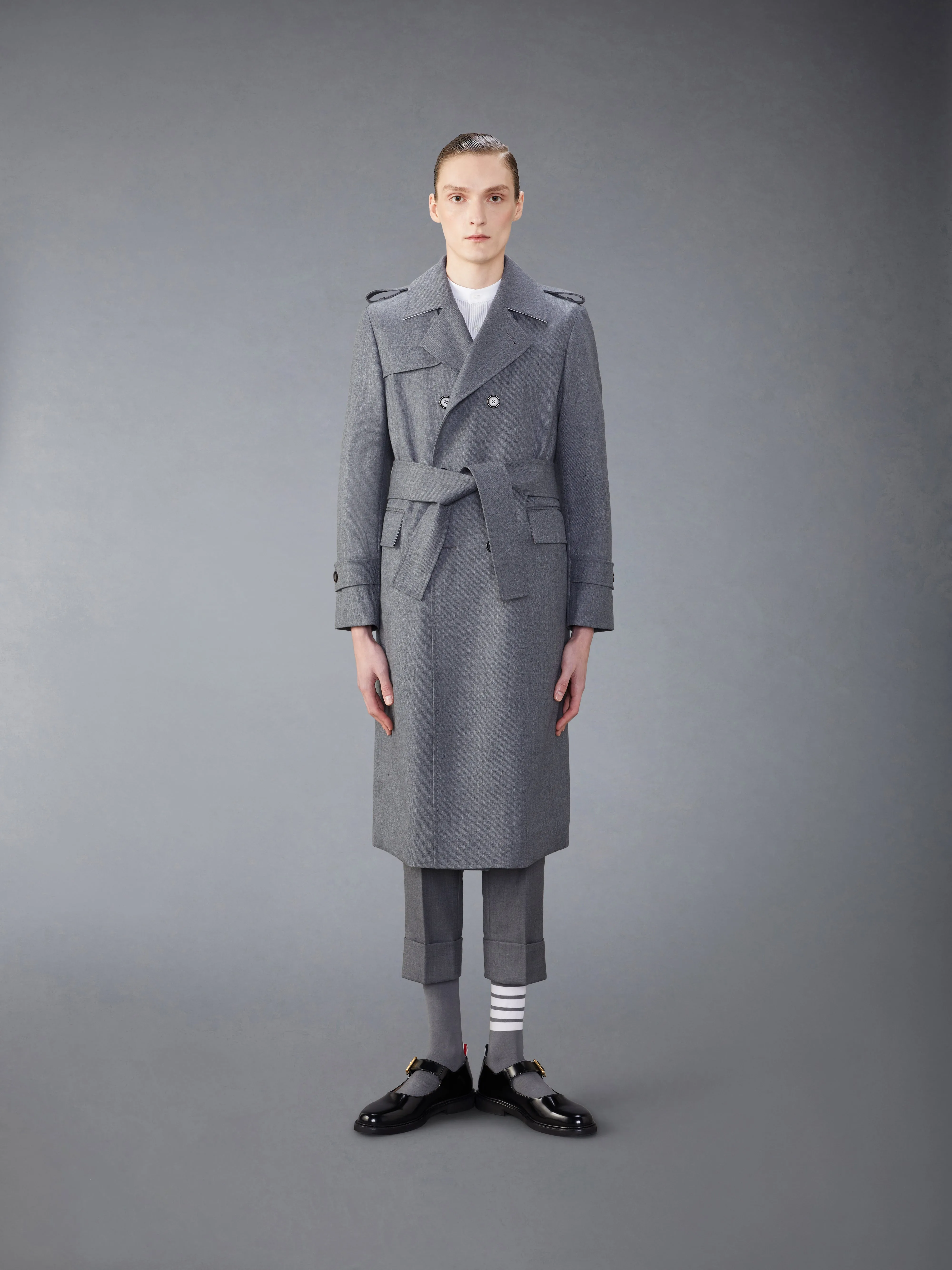 WOOL TWILL UNCONSTRUCTED TRENCH COAT sold by Thom Browne