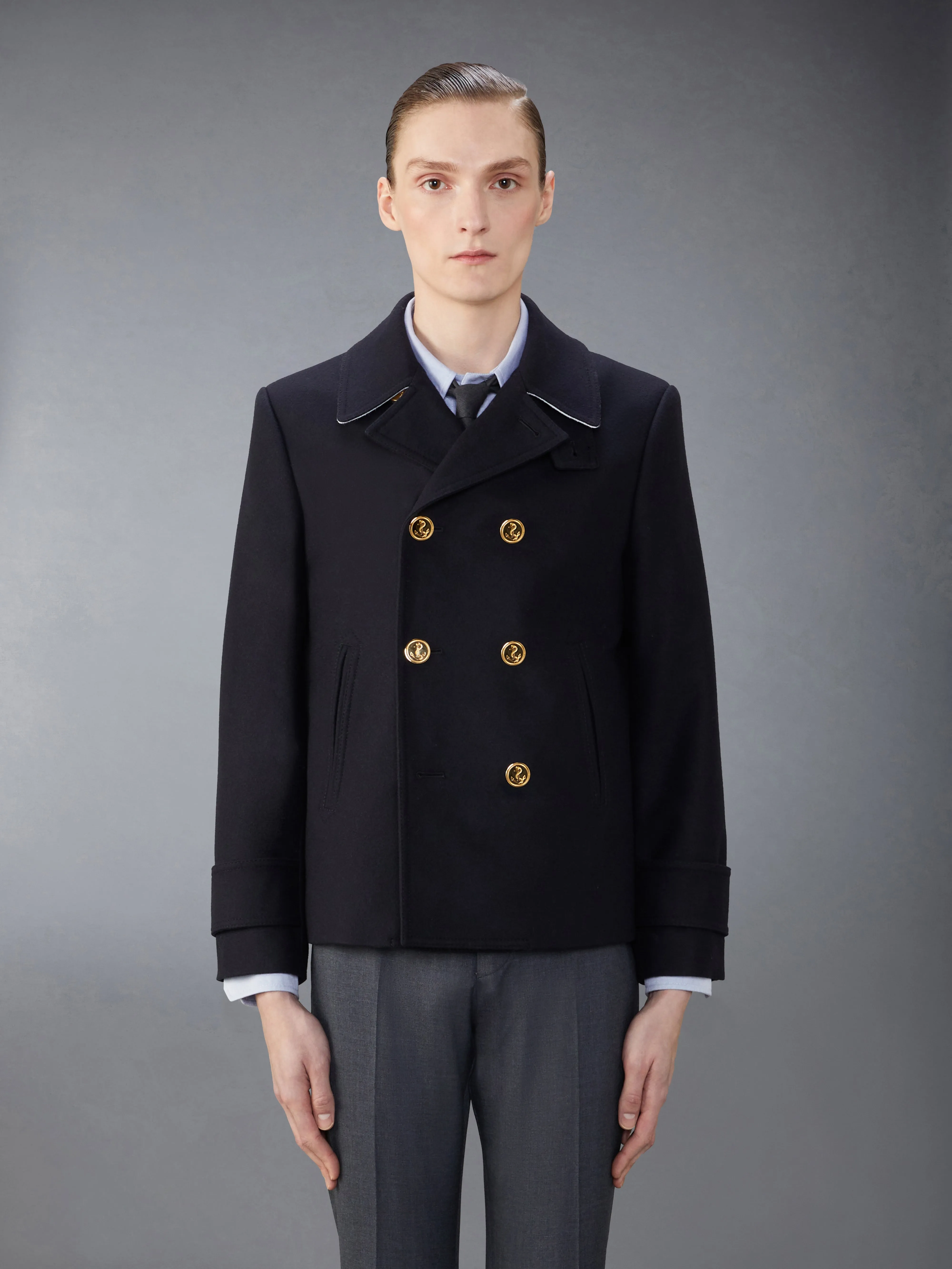 SPRING WEIGHT MELTON WOOL PEACOAT sold by Thom Browne
