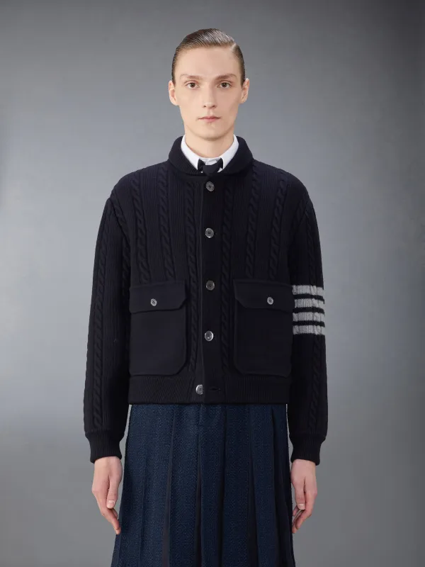 MERINO WOOL AND COTTON 4-BAR CABLE BOMBER JACKET sold by Thom Browne