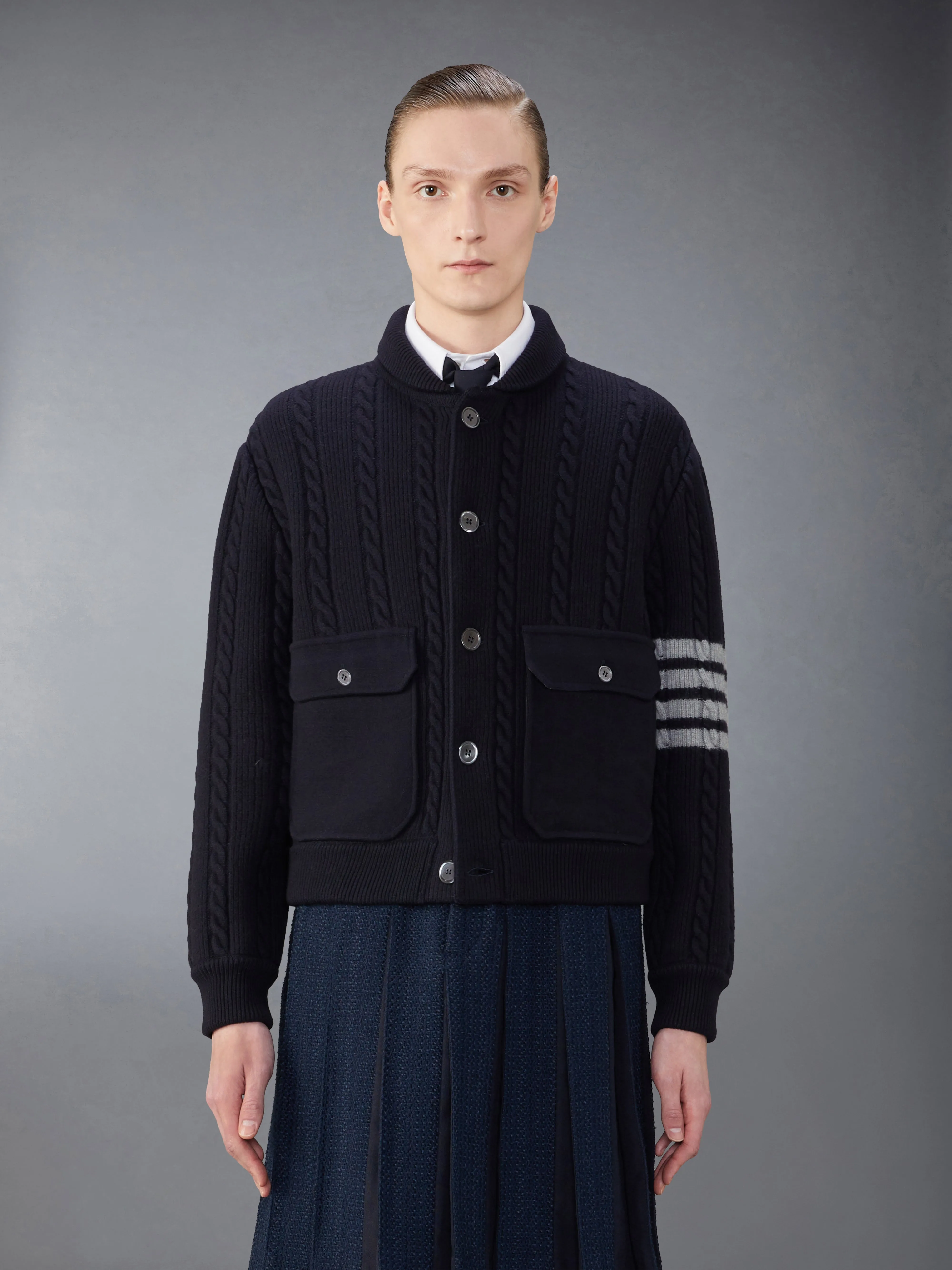 MERINO WOOL AND COTTON 4-BAR CABLE BOMBER JACKET sold by Thom Browne