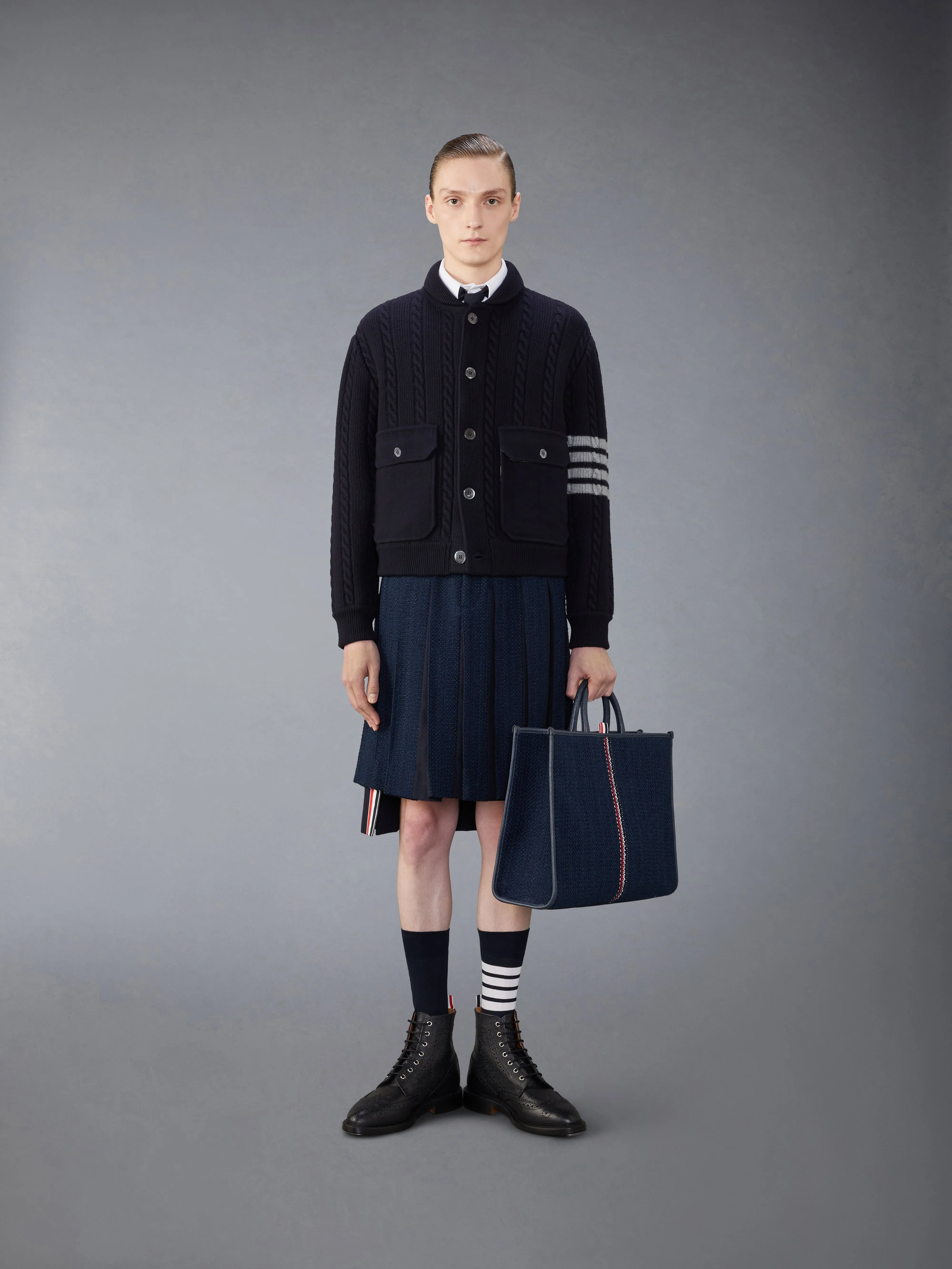 MERINO WOOL AND COTTON 4-BAR CABLE BOMBER JACKET sold by Thom Browne product image thumbnail 3