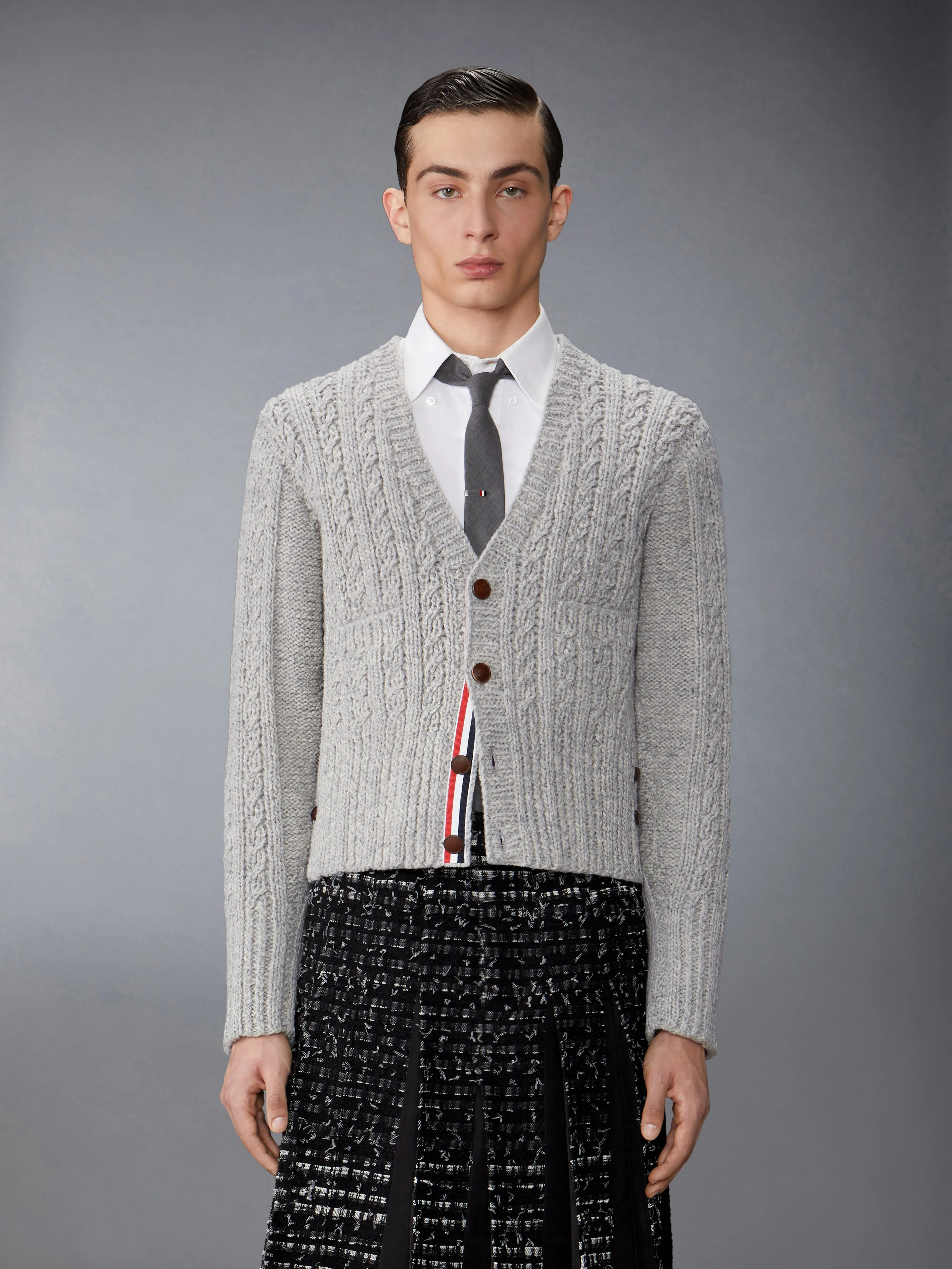 IRISH WOOL HANDKNIT CABLE STITCH CLASSIC CARDIGAN sold by Thom Browne