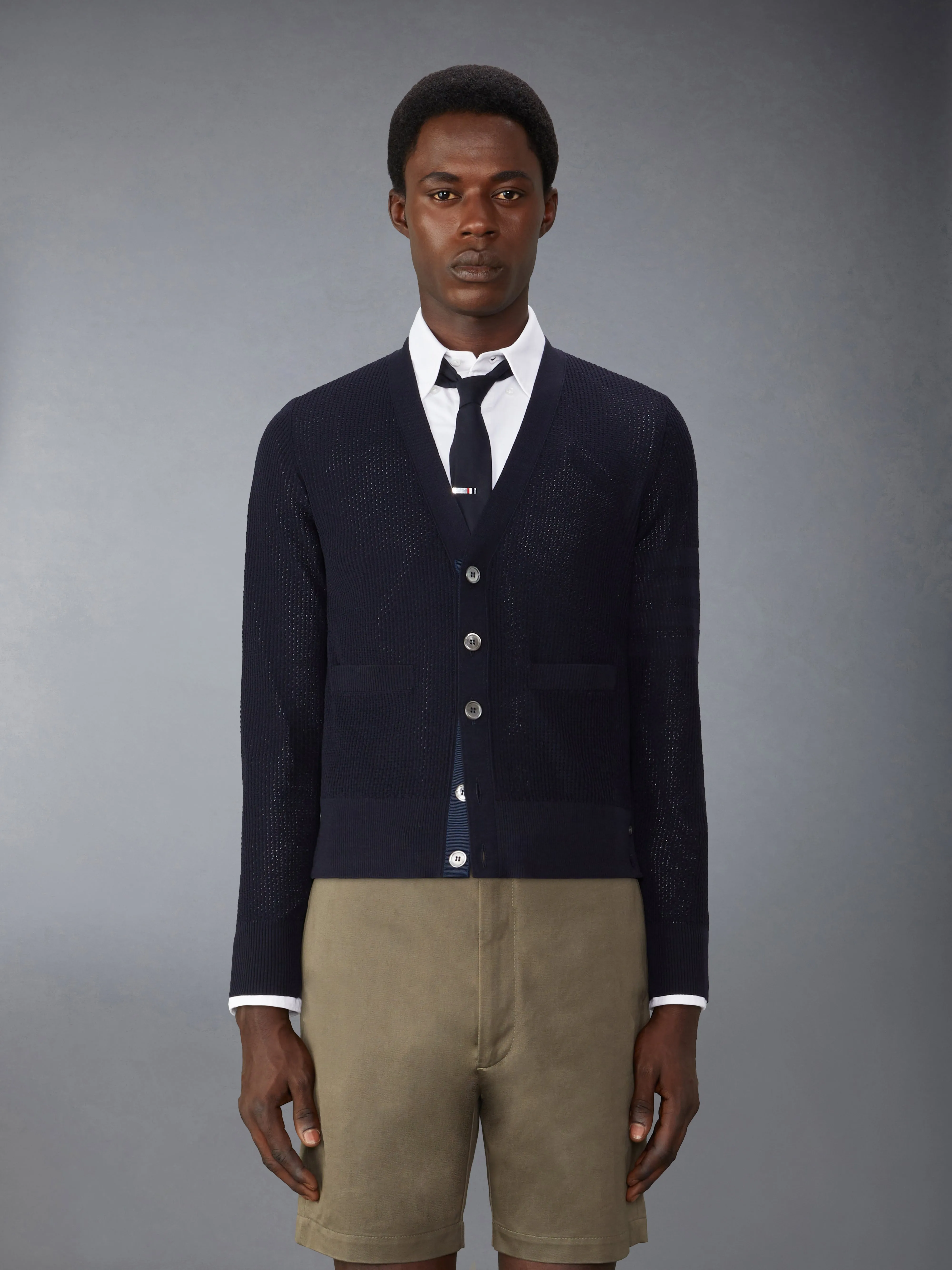 WOOL CREPE 4-BAR RELAXED FIT CARDIGAN sold by Thom Browne