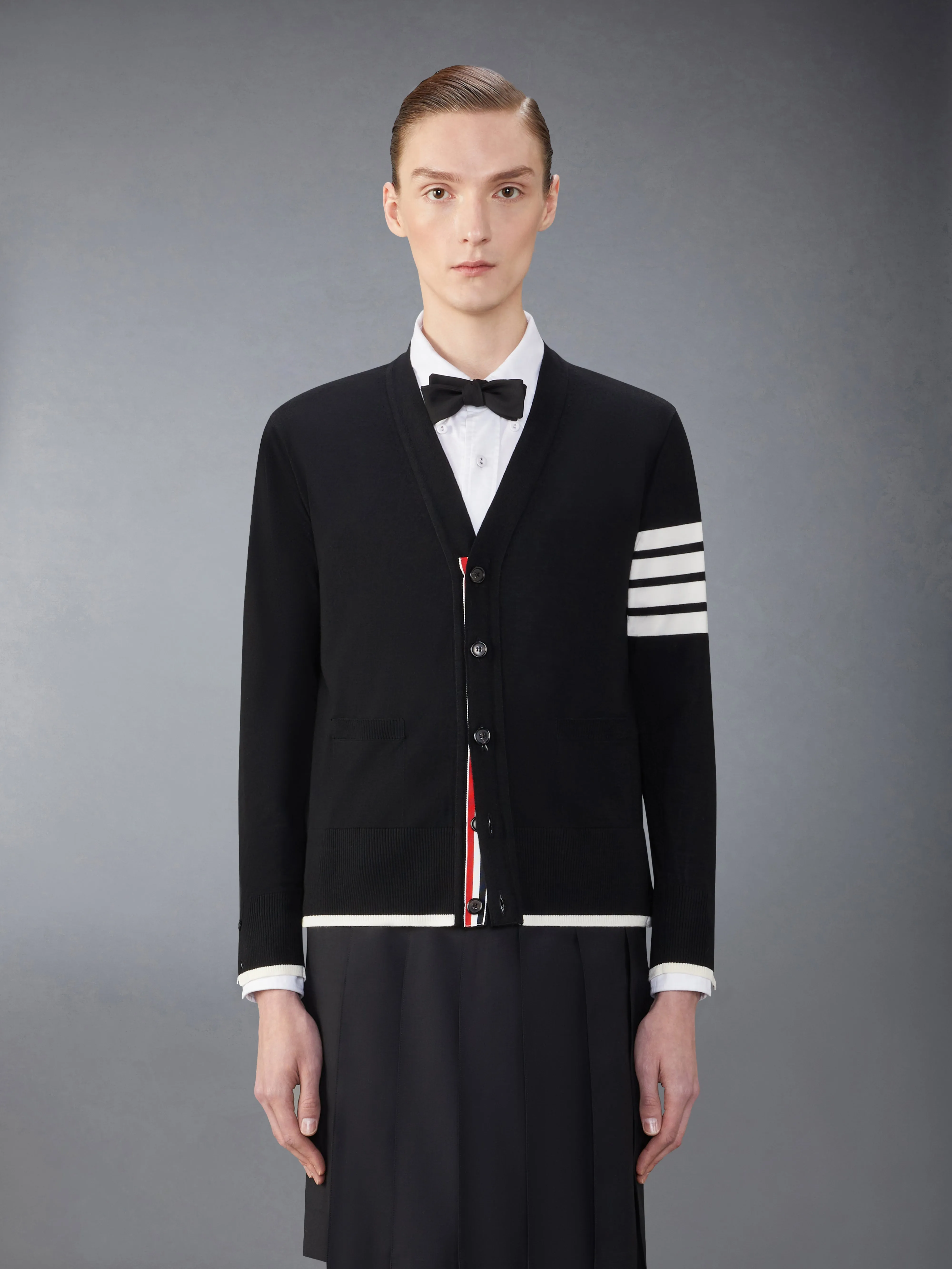 FINE MERINO WOOL 4-BAR RELAXED FIT CARDIGAN sold by Thom Browne