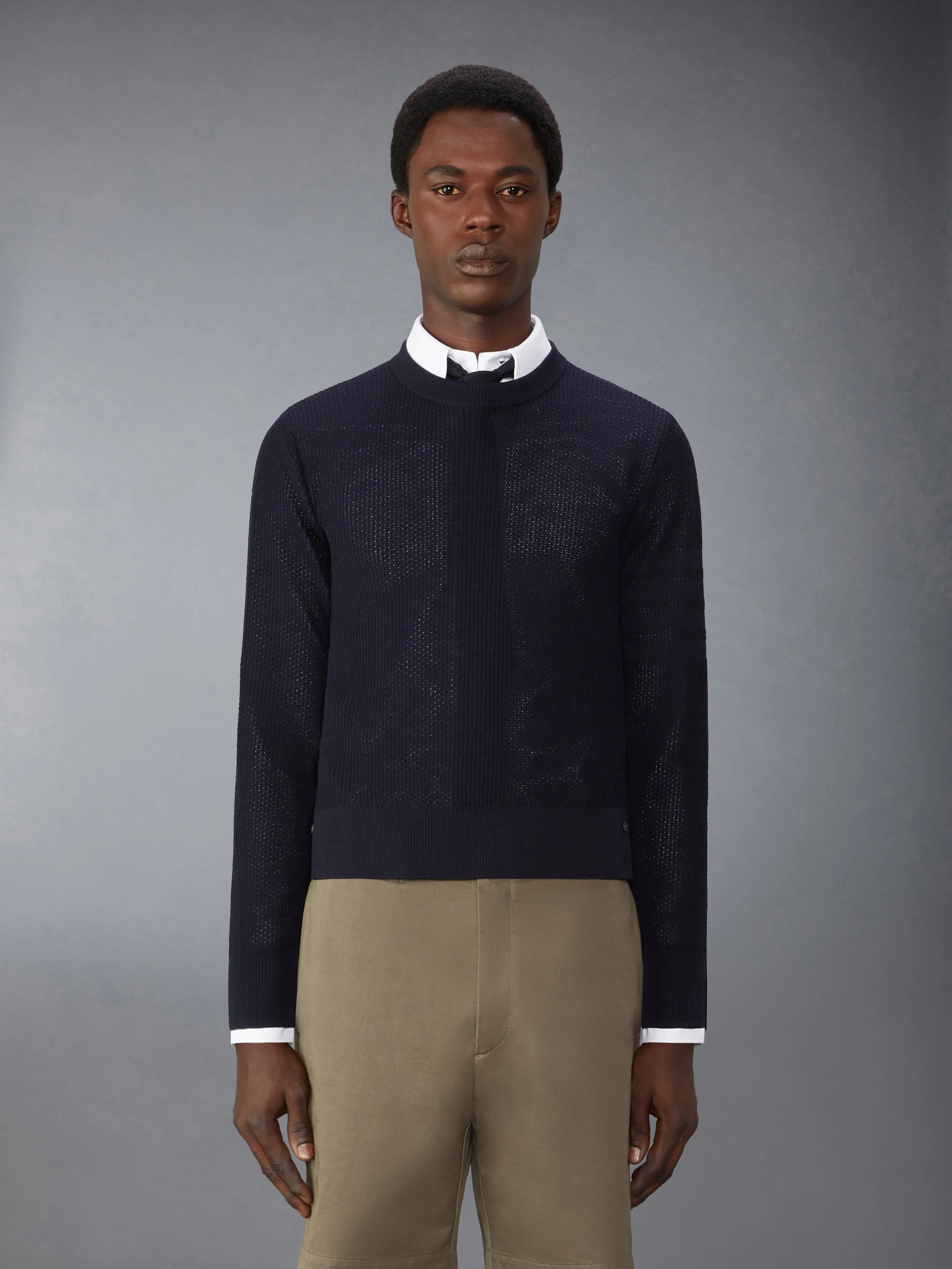 WOOL CREPE 4-BAR RELAXED FIT PULLOVER sold by Thom Browne
