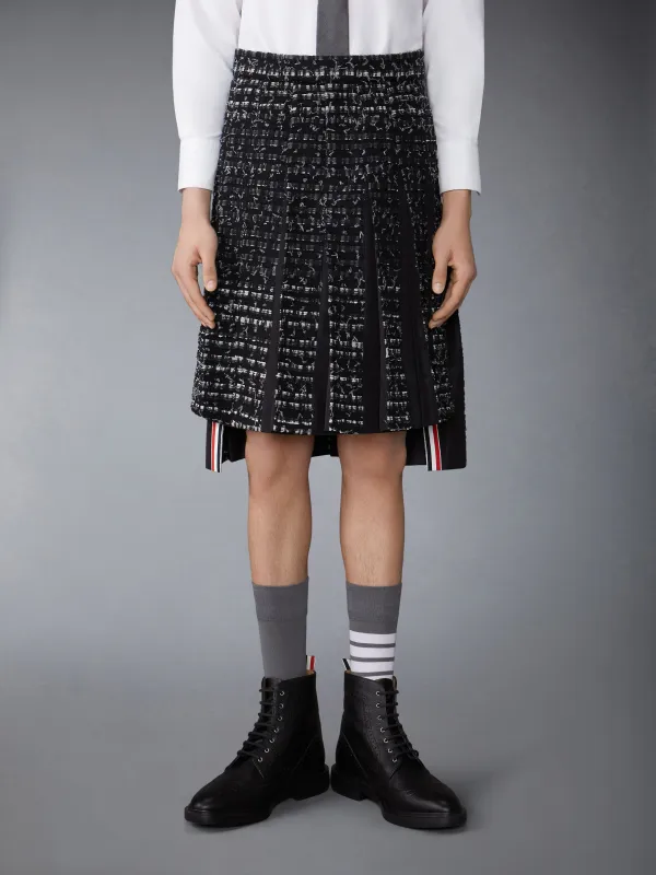 DENIM RIBBON TWEED CLASSIC RISE MIDI PLEATED SKIRT sold by Thom Browne