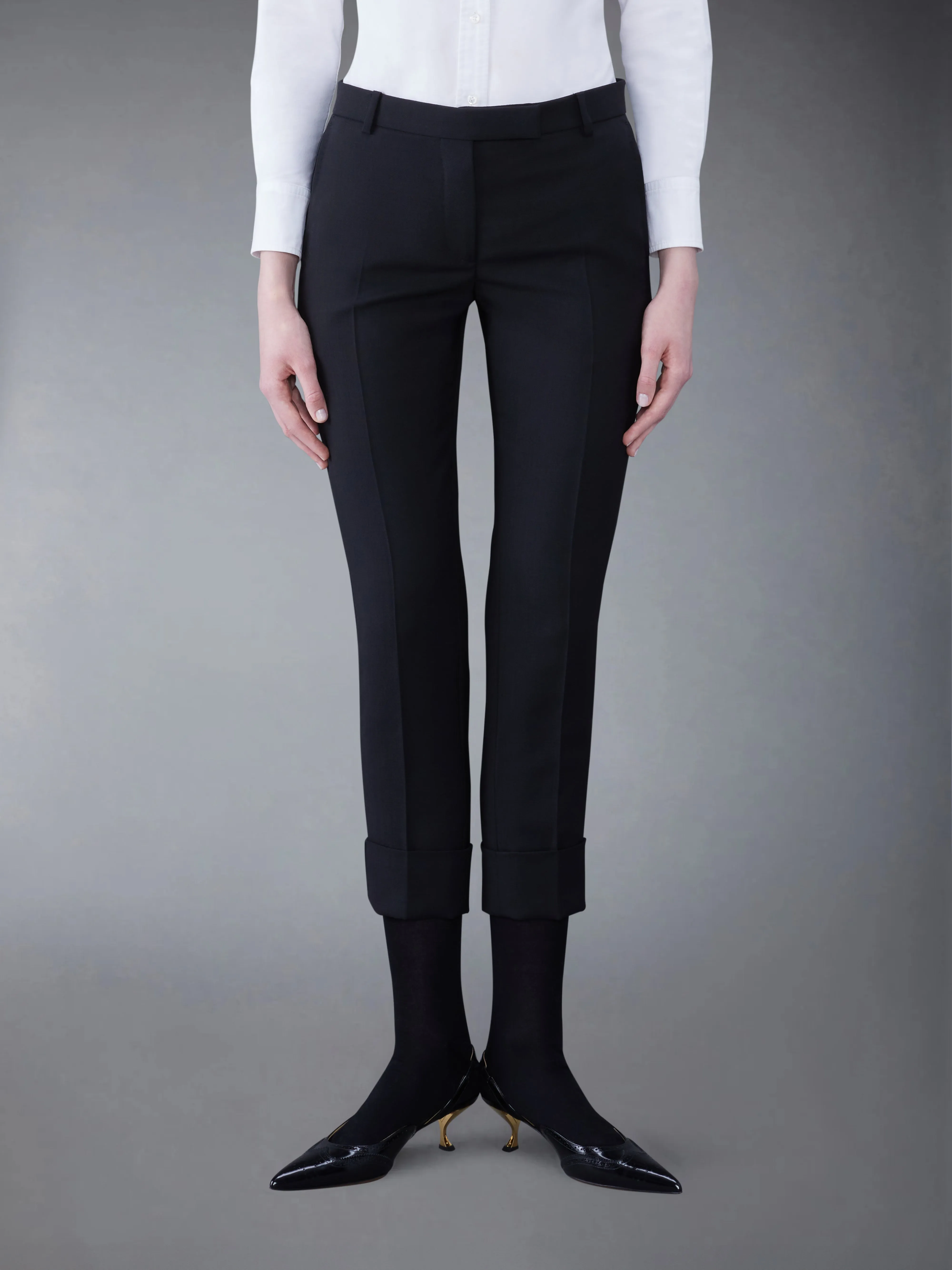 WOOL LOW RISE CIGARETTE TROUSERS sold by Thom Browne