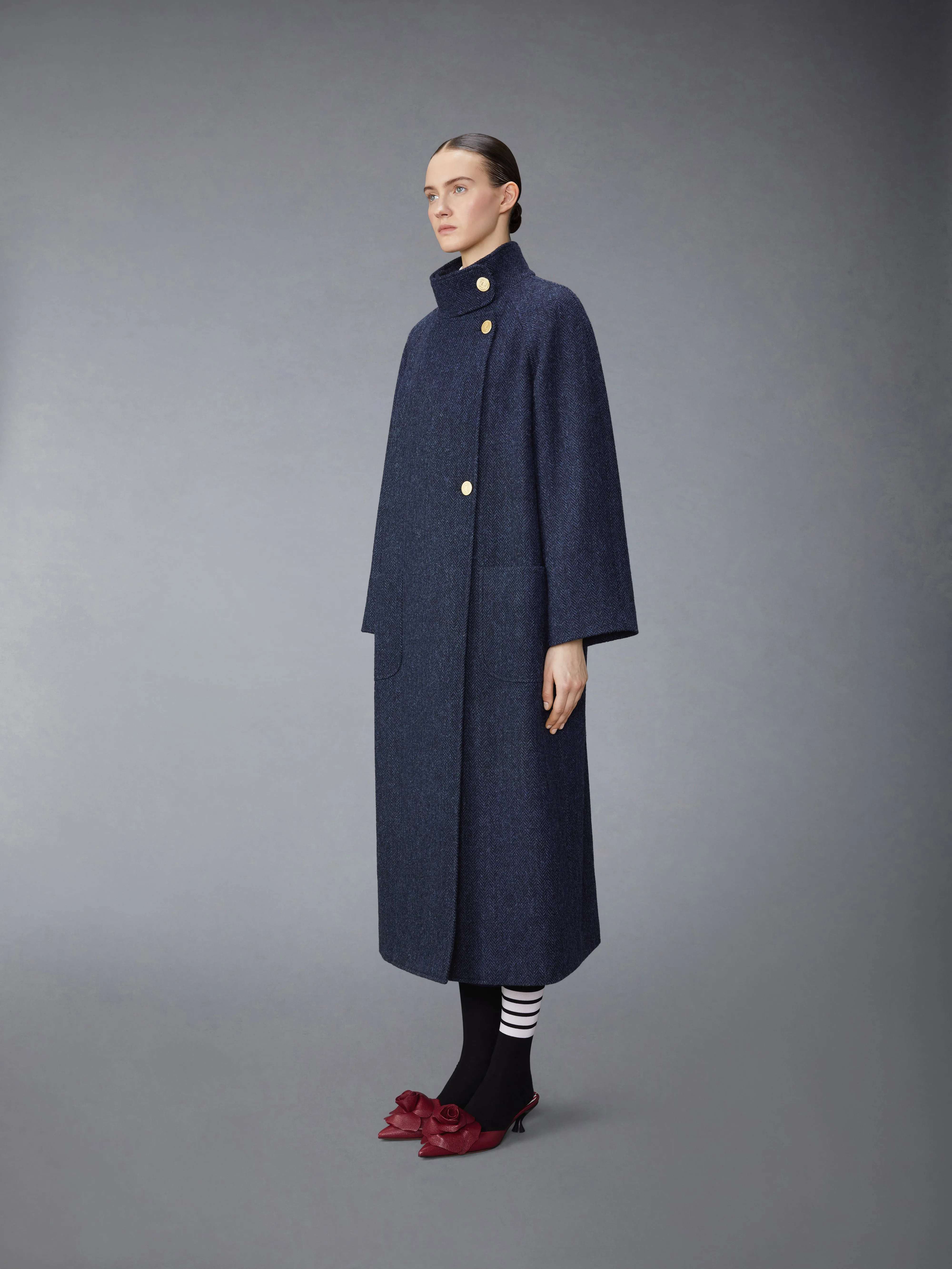 HERRINGBON HARRIS TWEED MIDI RAGLAN FUNNEL NECK COAT sold by Thom Browne product image thumbnail 2
