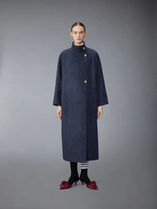 HERRINGBON HARRIS TWEED MIDI RAGLAN FUNNEL NECK COAT made by Thom Browne