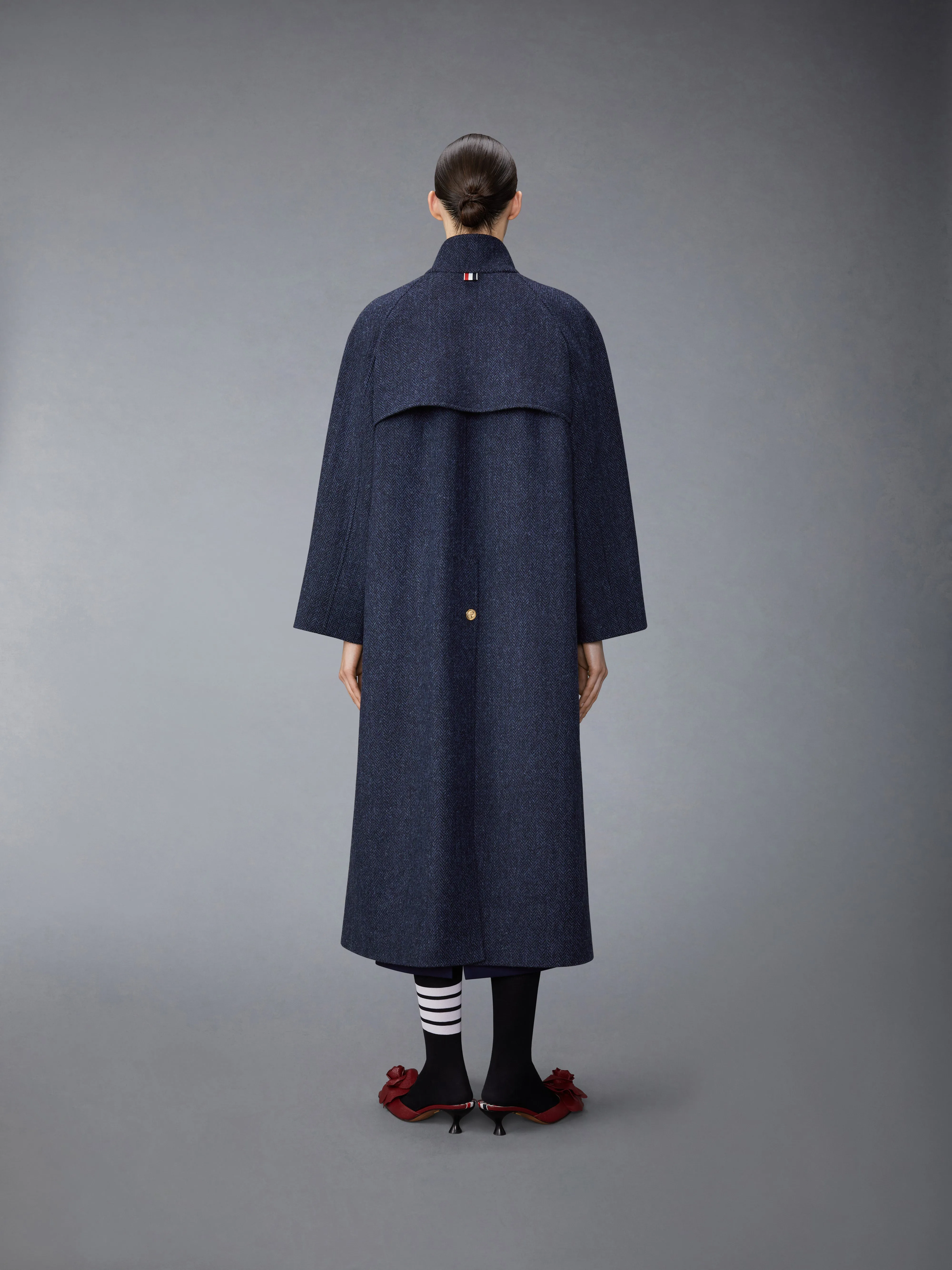 HERRINGBON HARRIS TWEED MIDI RAGLAN FUNNEL NECK COAT sold by Thom Browne product image thumbnail 3
