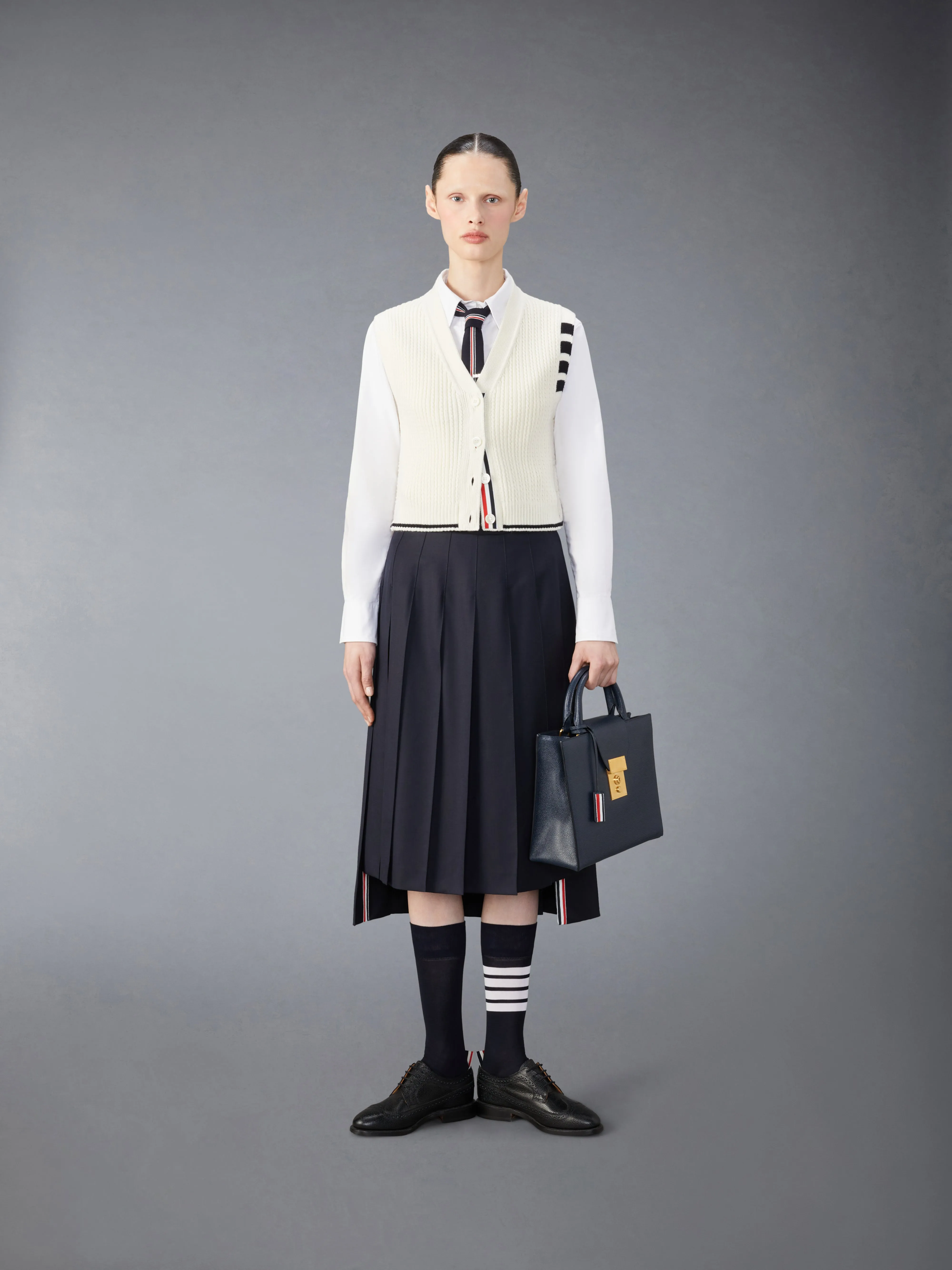 MERINO WOOL 4-BAR CROPPED CABLE CARDIGAN VEST sold by Thom Browne product image thumbnail 3
