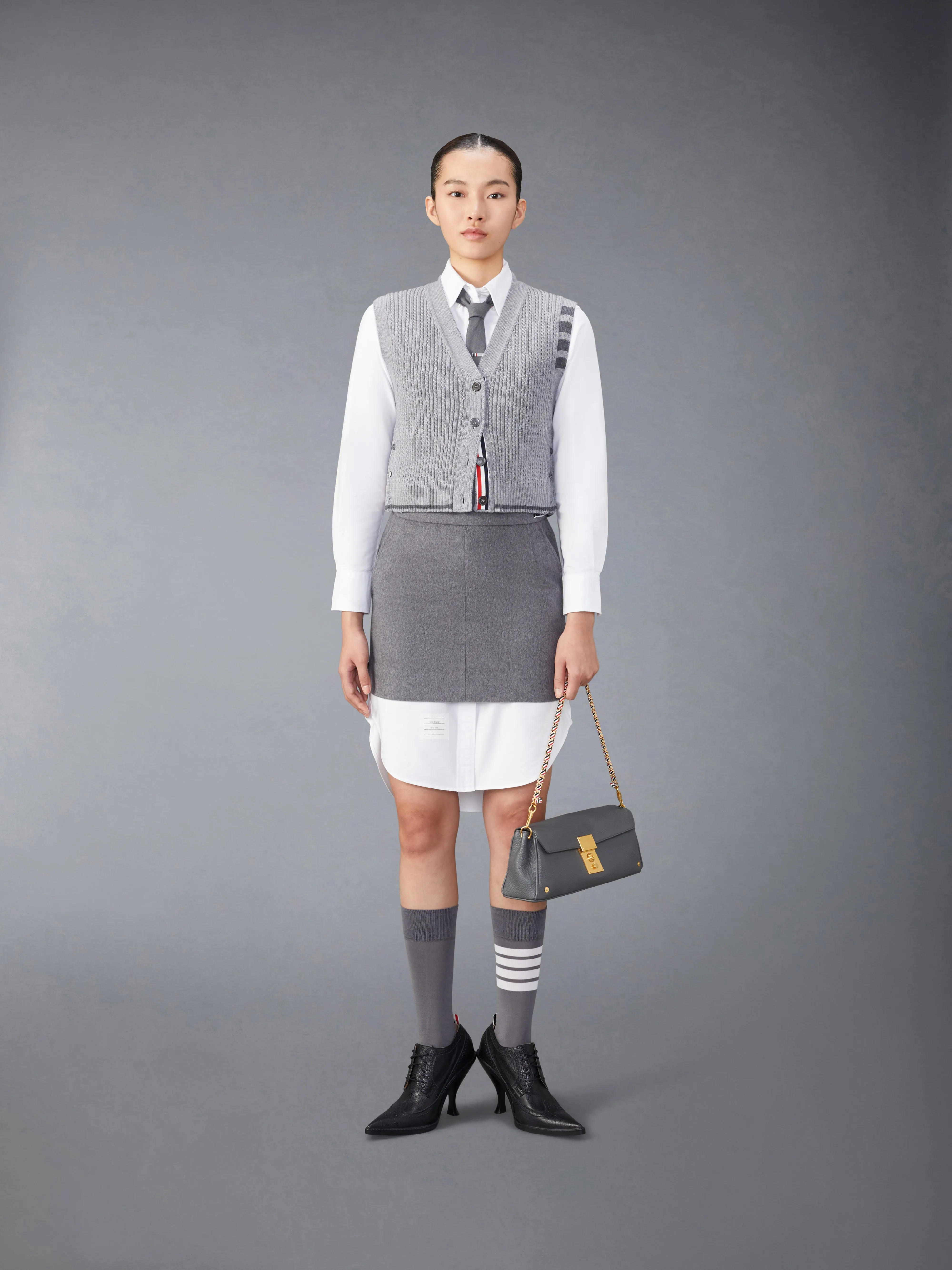 MERINO WOOL 4-BAR CROPPED CABLE CARDIGAN VEST sold by Thom Browne product image thumbnail 3