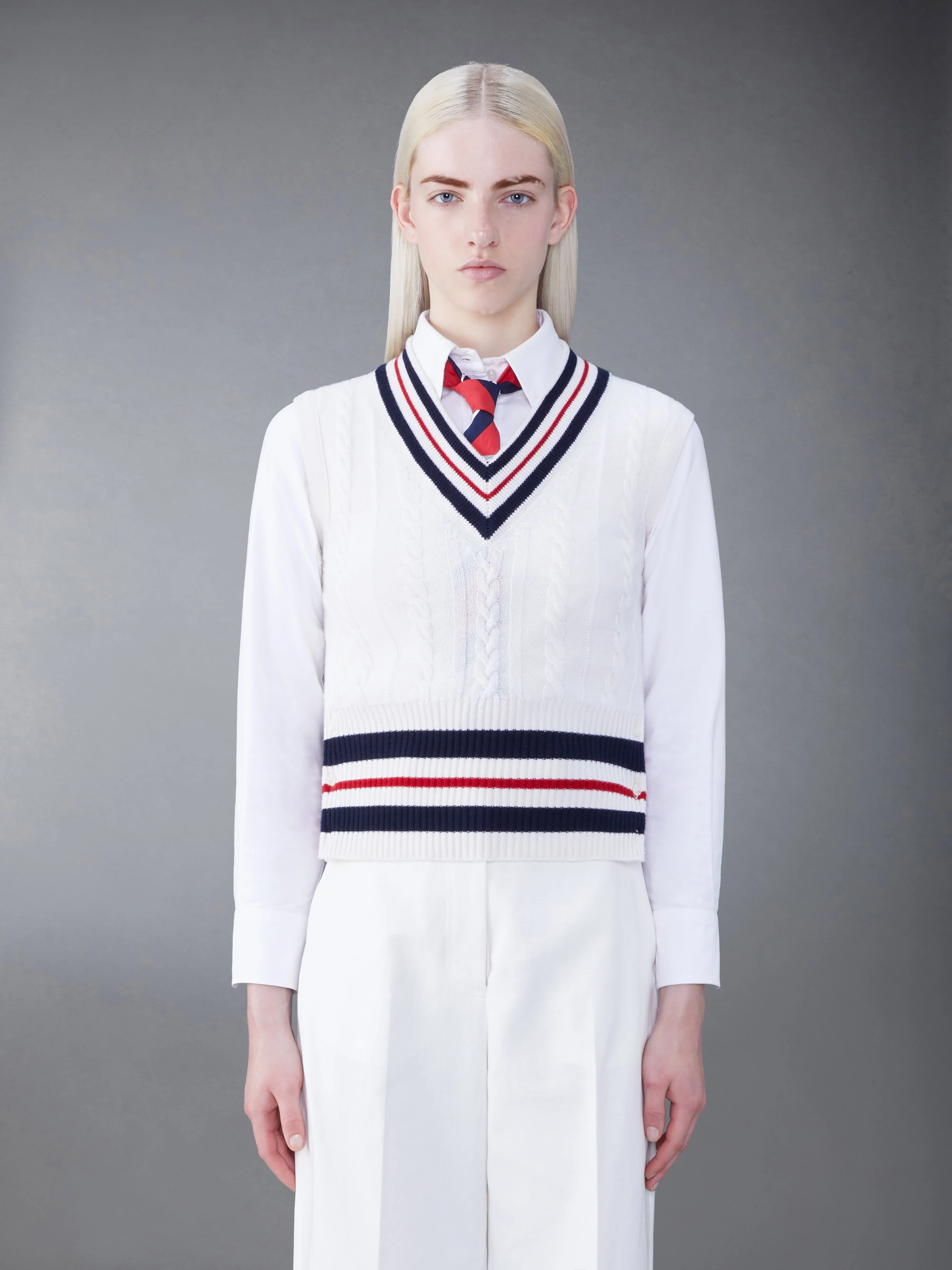 CASHMERE CABLE V-NECK VEST sold by Thom Browne