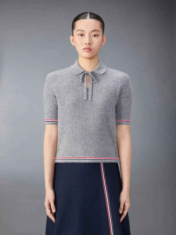 MERINO WOOL BRUSHED TUCK STITCH KEYHOLE POLO sold by Thom Browne