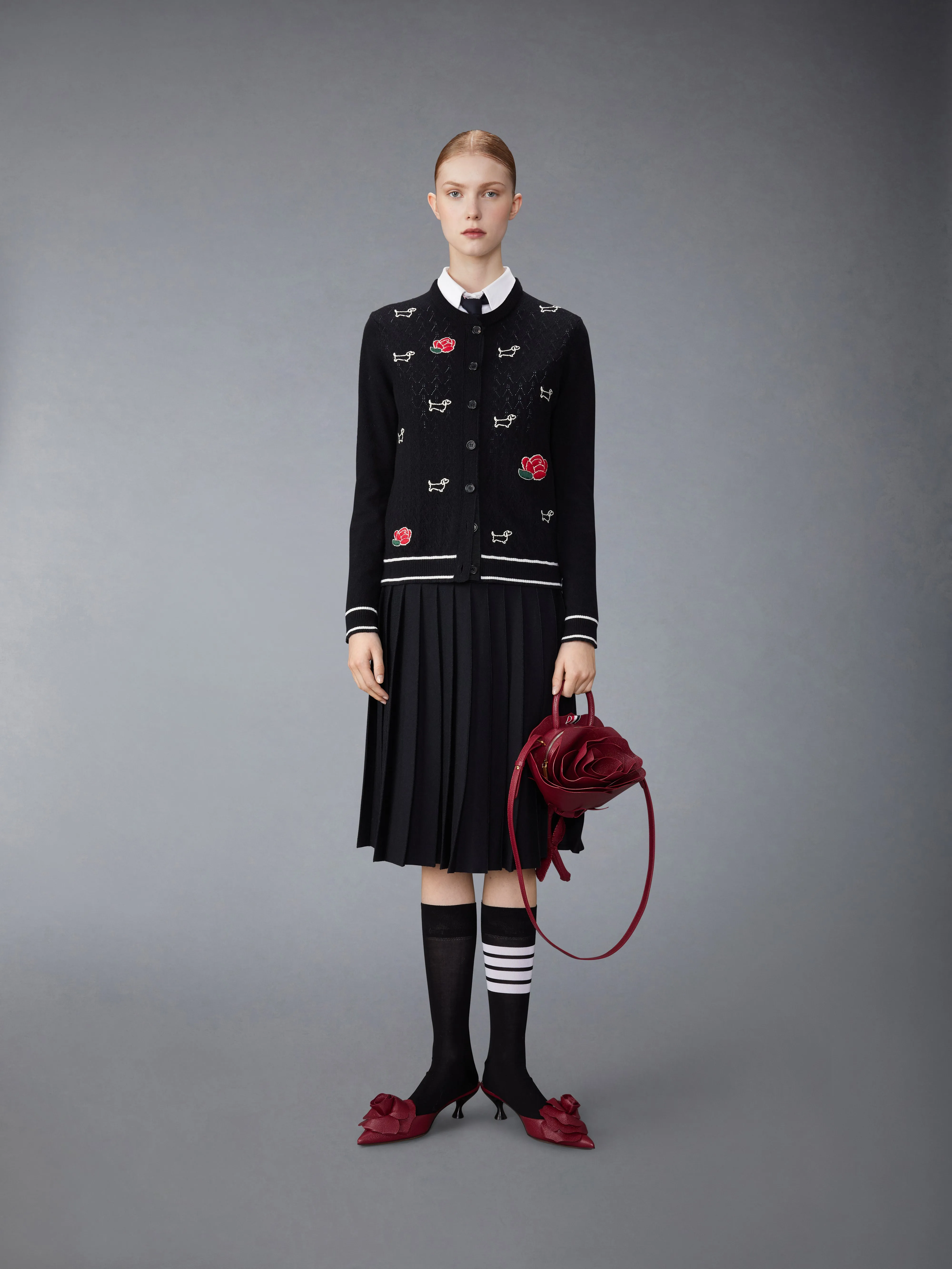 WOOL SILK BLEND TIPPING CALBE WAISTBAND MIDI PLEATED SKIRT sold by Thom Browne product image thumbnail 4