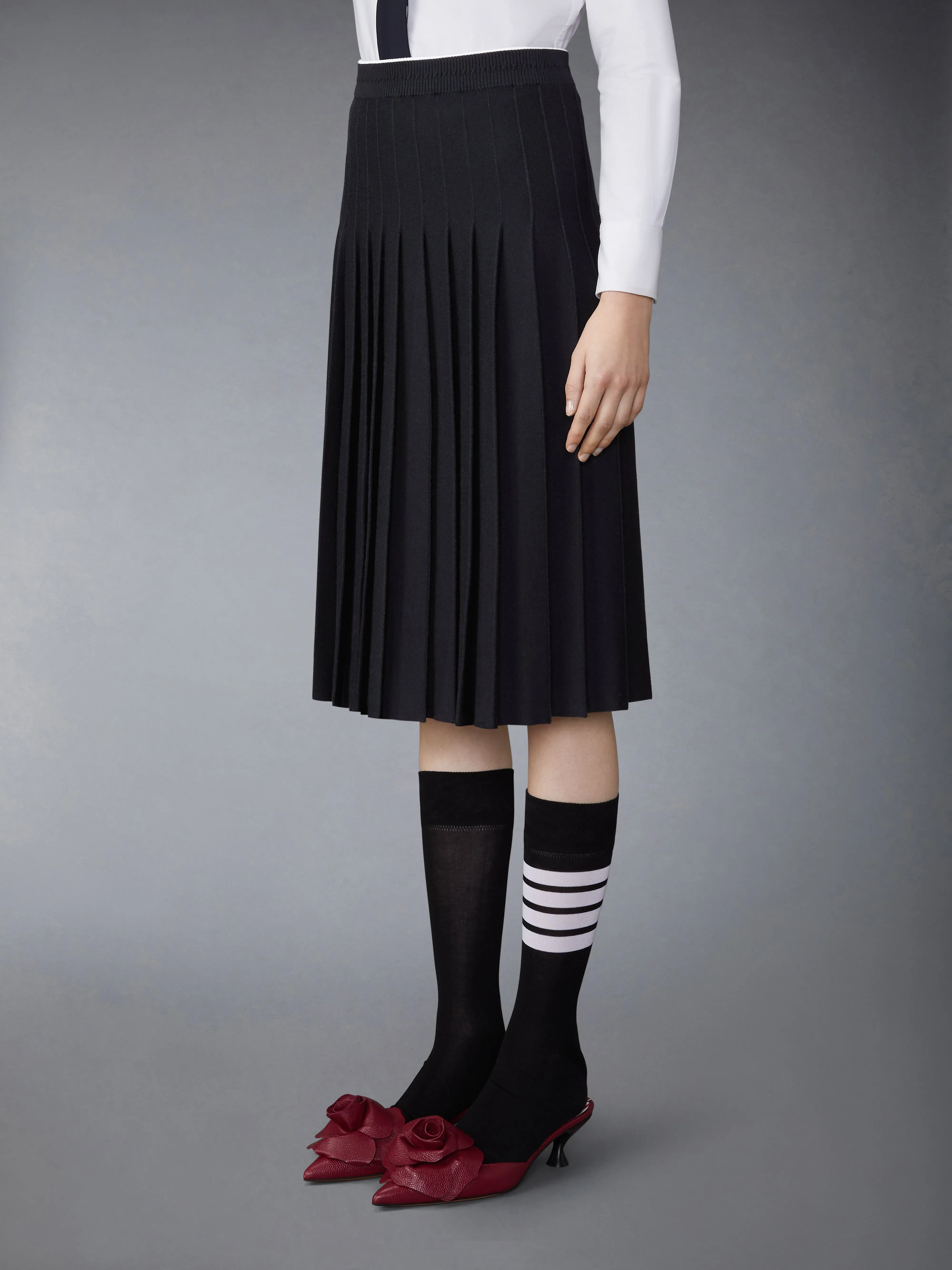 WOOL SILK BLEND TIPPING CALBE WAISTBAND MIDI PLEATED SKIRT sold by Thom Browne product image thumbnail 2