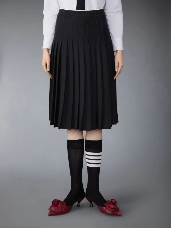 WOOL SILK BLEND TIPPING CALBE WAISTBAND MIDI PLEATED SKIRT sold by Thom Browne