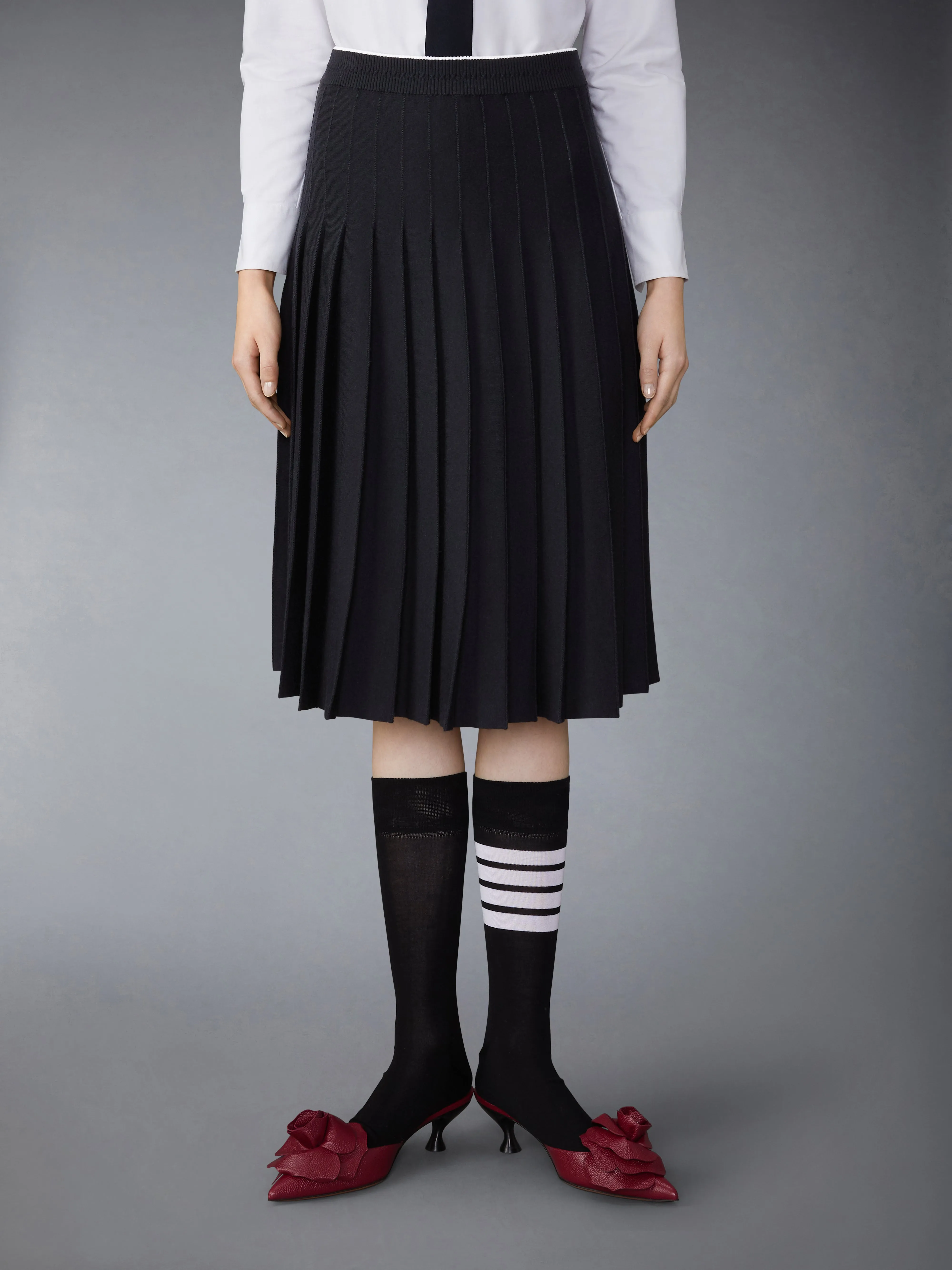 WOOL SILK BLEND TIPPING CALBE WAISTBAND MIDI PLEATED SKIRT sold by Thom Browne