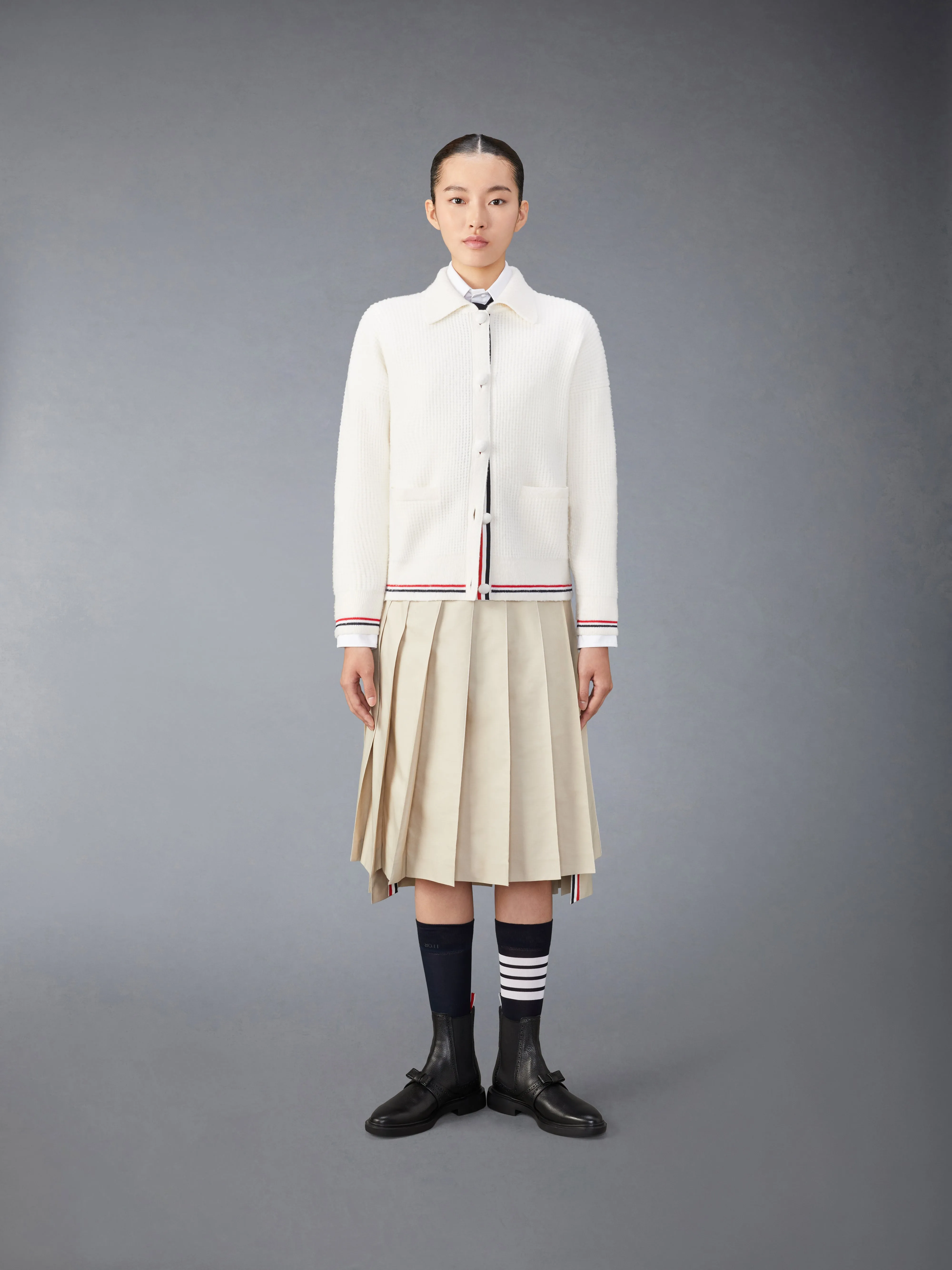 MERINO WOOL BRUSHED TUCK STITCH POLO CARDIGAN sold by Thom Browne product image thumbnail 3