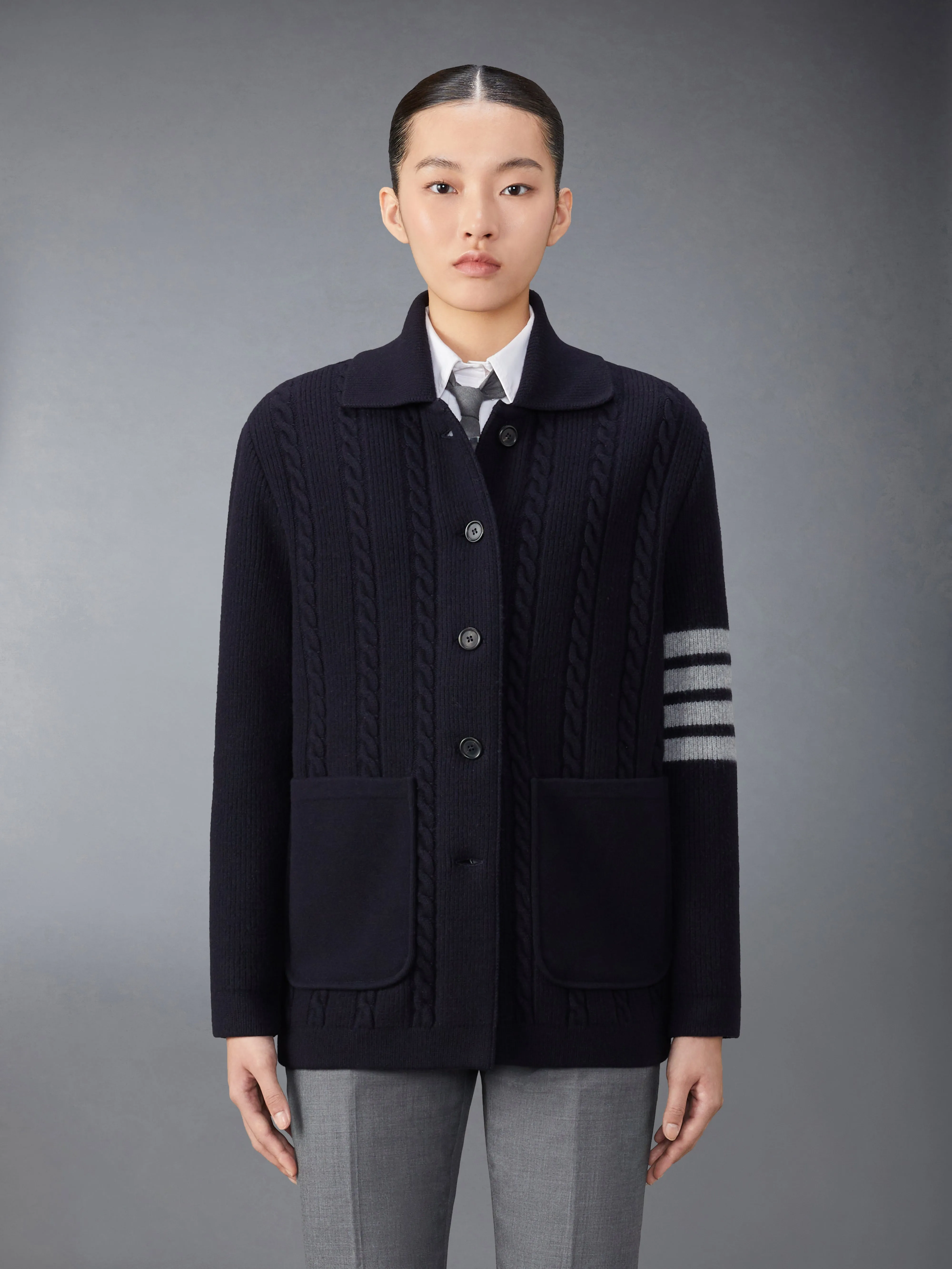 MERINO WOOL AND COTTON 4-BAR CABLE OVERCOAT sold by Thom Browne