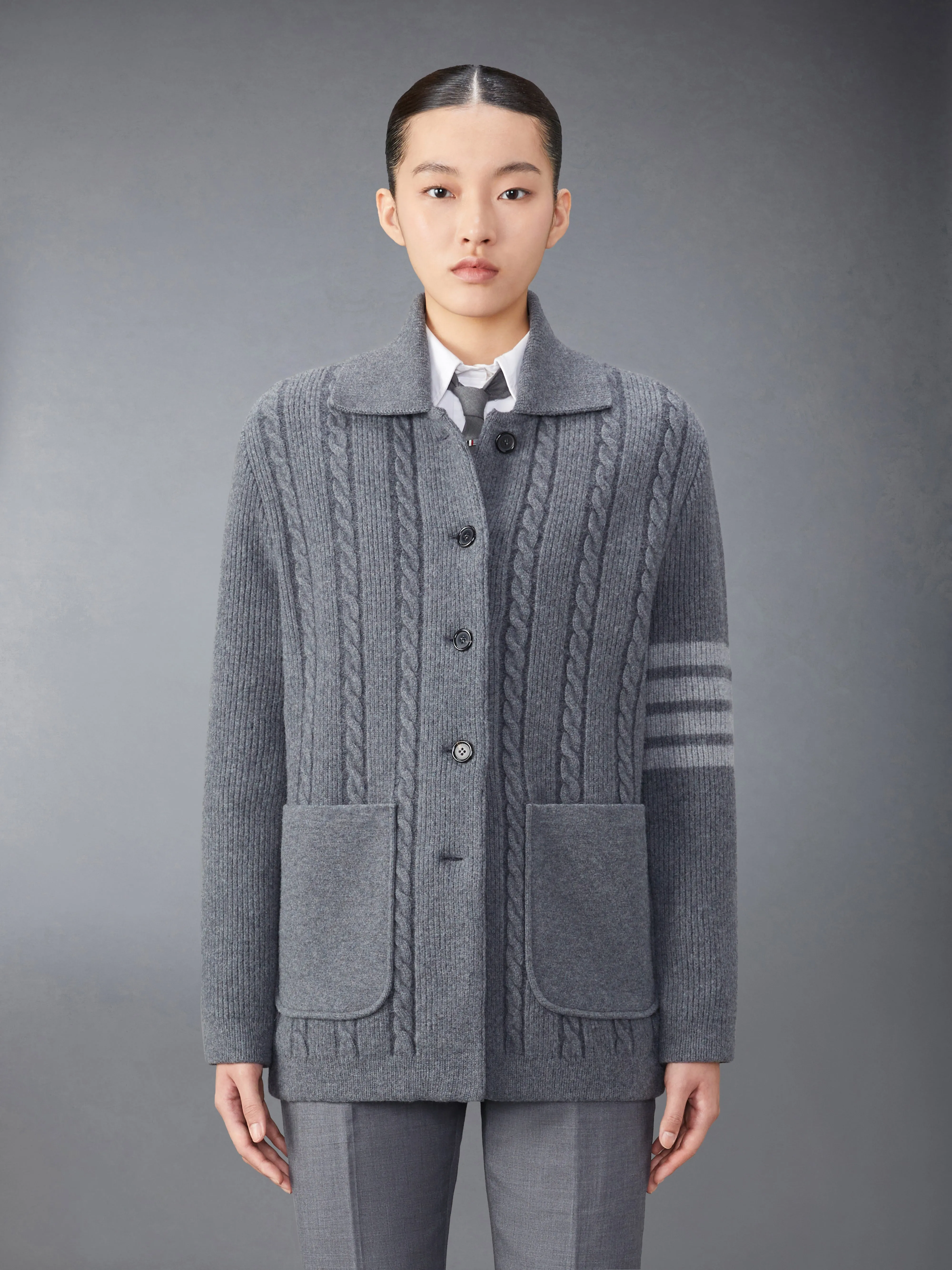 MERINO WOOL AND COTTON 4-BAR CABLE OVERCOAT sold by Thom Browne