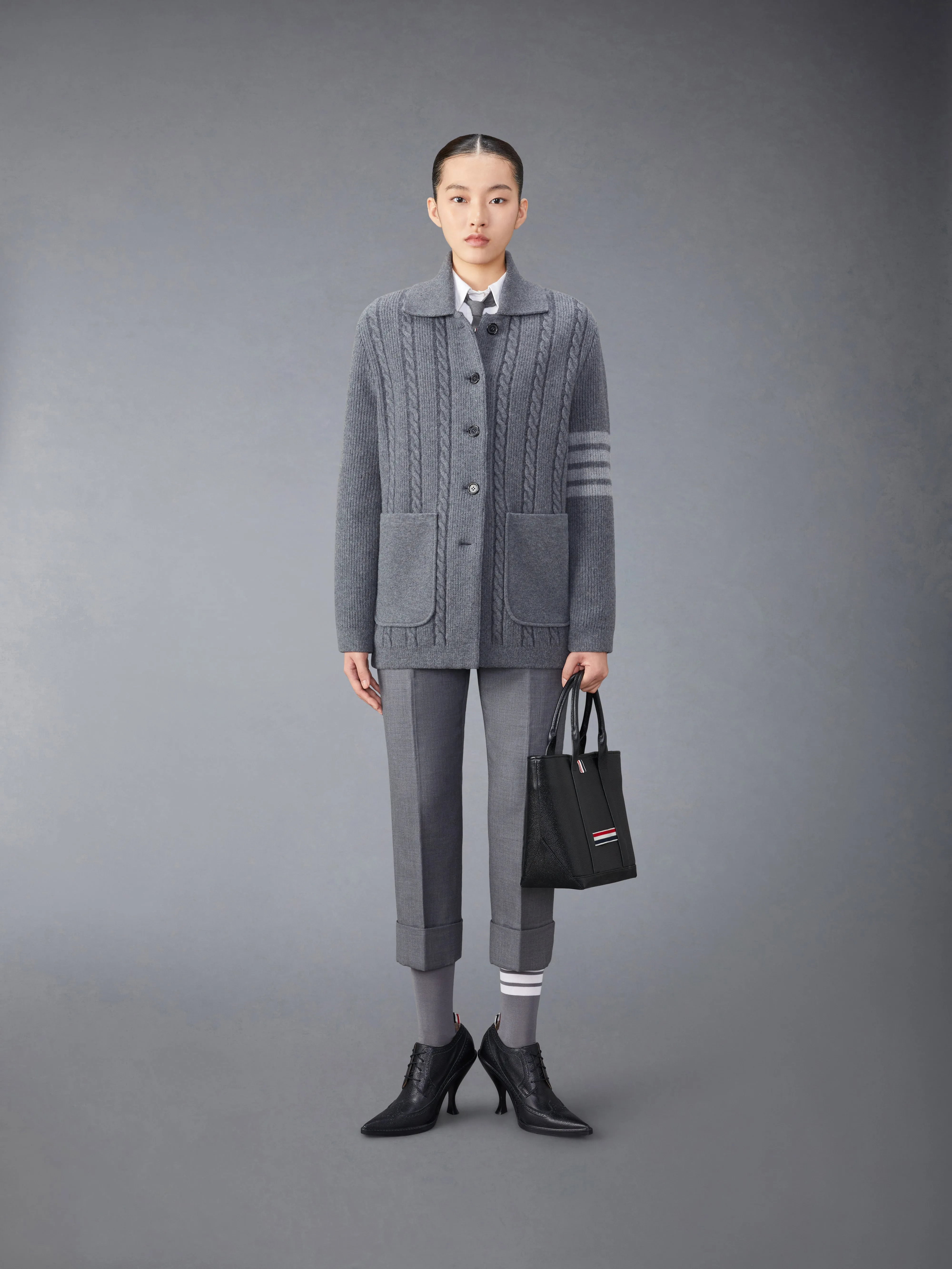 MERINO WOOL AND COTTON 4-BAR CABLE OVERCOAT sold by Thom Browne product image thumbnail 3