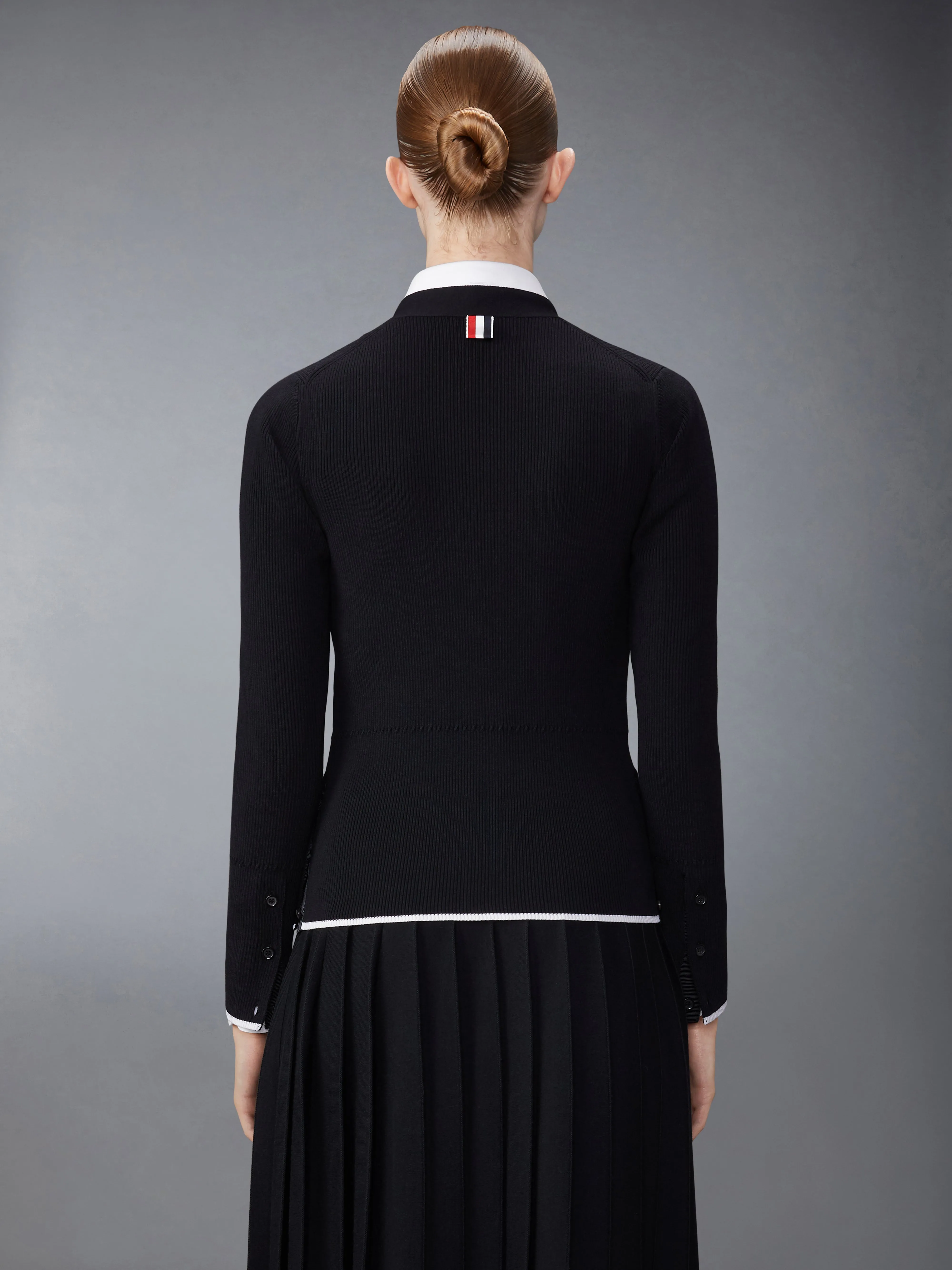 WOOL SILK BLEND TIPPING RIB STITCH CABLE CARDIGAN sold by Thom Browne product image thumbnail 2
